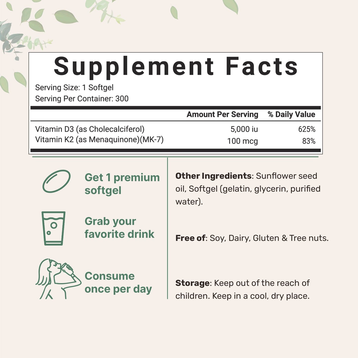 Micro Ingredients Vitamin D3 5,000 IU + K2 MK-7 100 mcg Softgels, 600-count