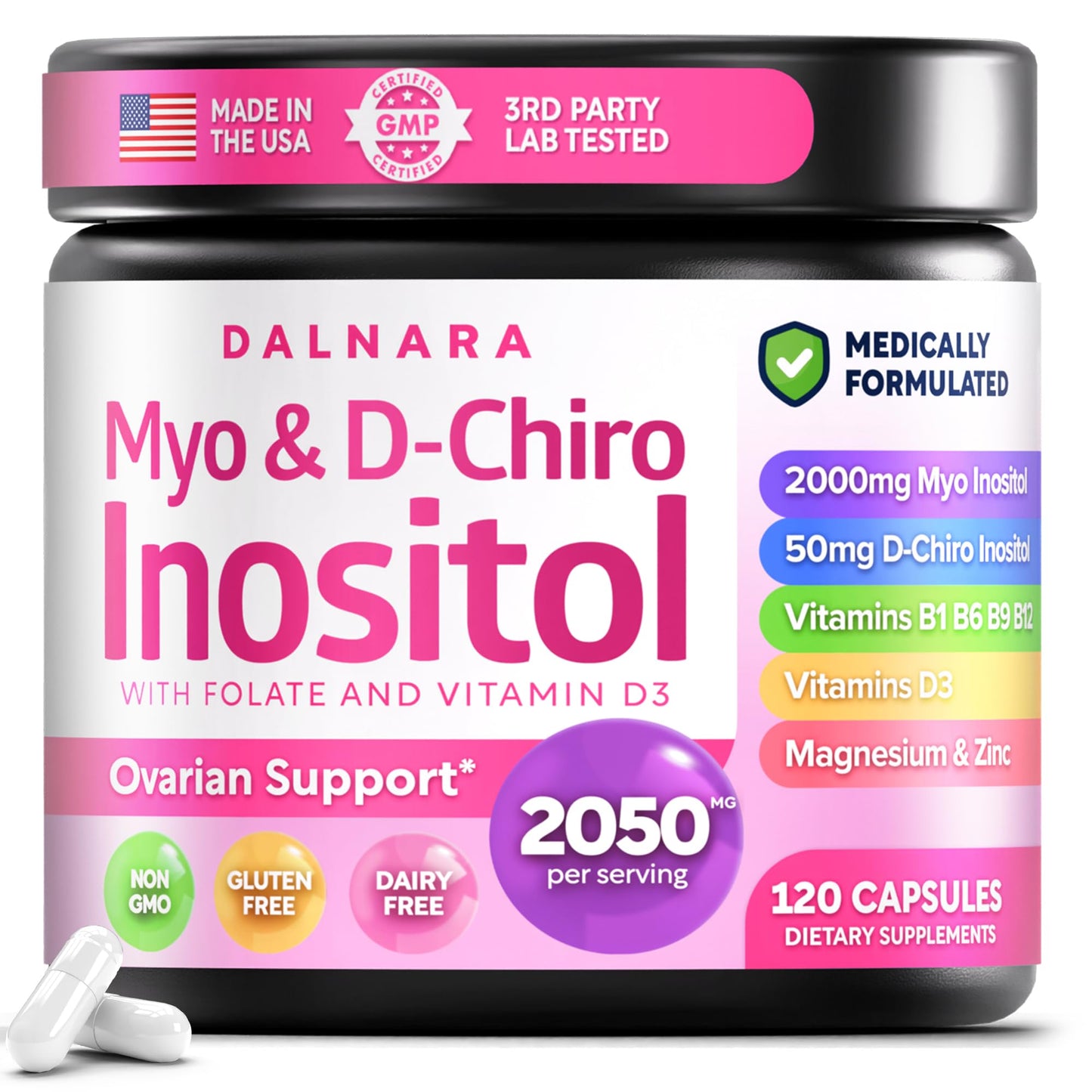 Dalnara Myo-Inositol & D-Chiro Inositol Supplement for Women - 40:1 Ratio with Folate, Vitamin D3, Magnesium & Zinc - Women's Wellness Multivitamin - 2050mg, 120 Capsules