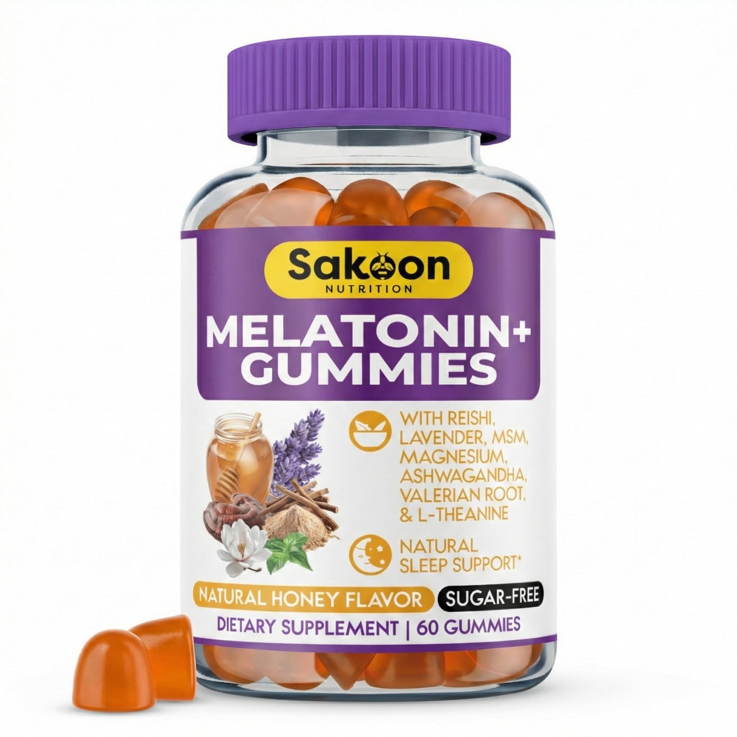 Sakoon nutrition Melatonin Gummies for Women & Men with Reishi, Magnesium & L-Theanine, 10mg Melatonin, Sugar Free Natural Honey Flavor, Vegan Halal Sleep Support, 30 Count