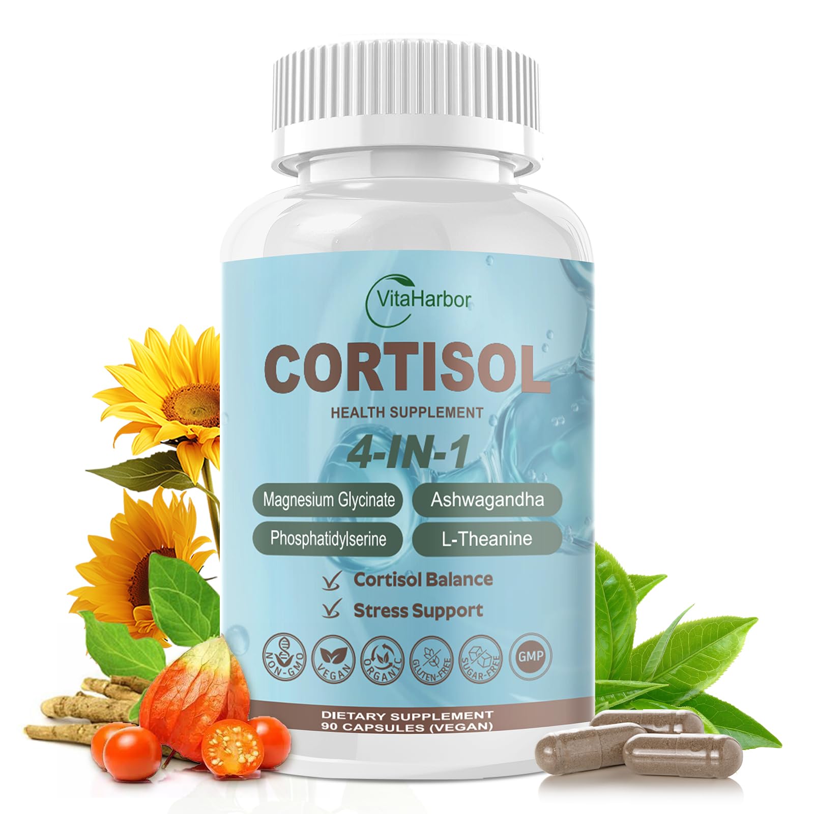 VitaHarbor Cortisol Supplement 4-in-1 Cortisol Reducer Capsules, 90 Veg Caps