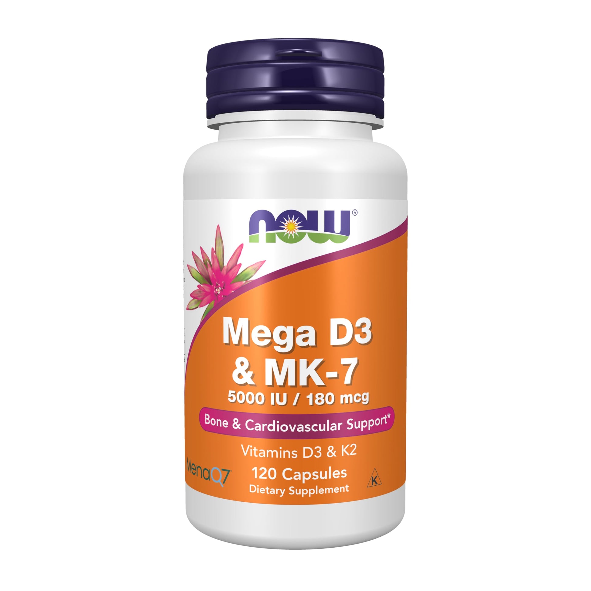 NOW Foods Mega D-3 & MK-7 5000 IU / 180 mcg, Bone & Cardiovascular Support, Vitamins K-3 & K-2, 120 Capsules