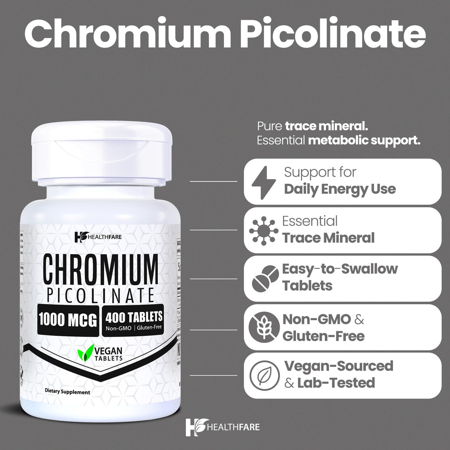 HealthFare Chromium Picolinate 1000mcg Vegan Tablets, 400 Count