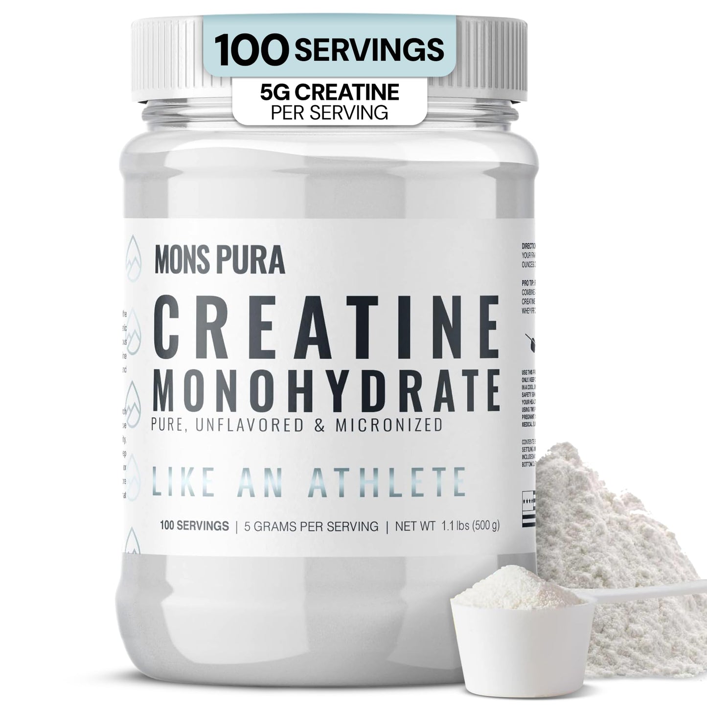 Mons Pura 100% Pure Micronized Creatine Monohydrate Powder, 1.1 Pound, 100 Servings (5g Per Serving)
