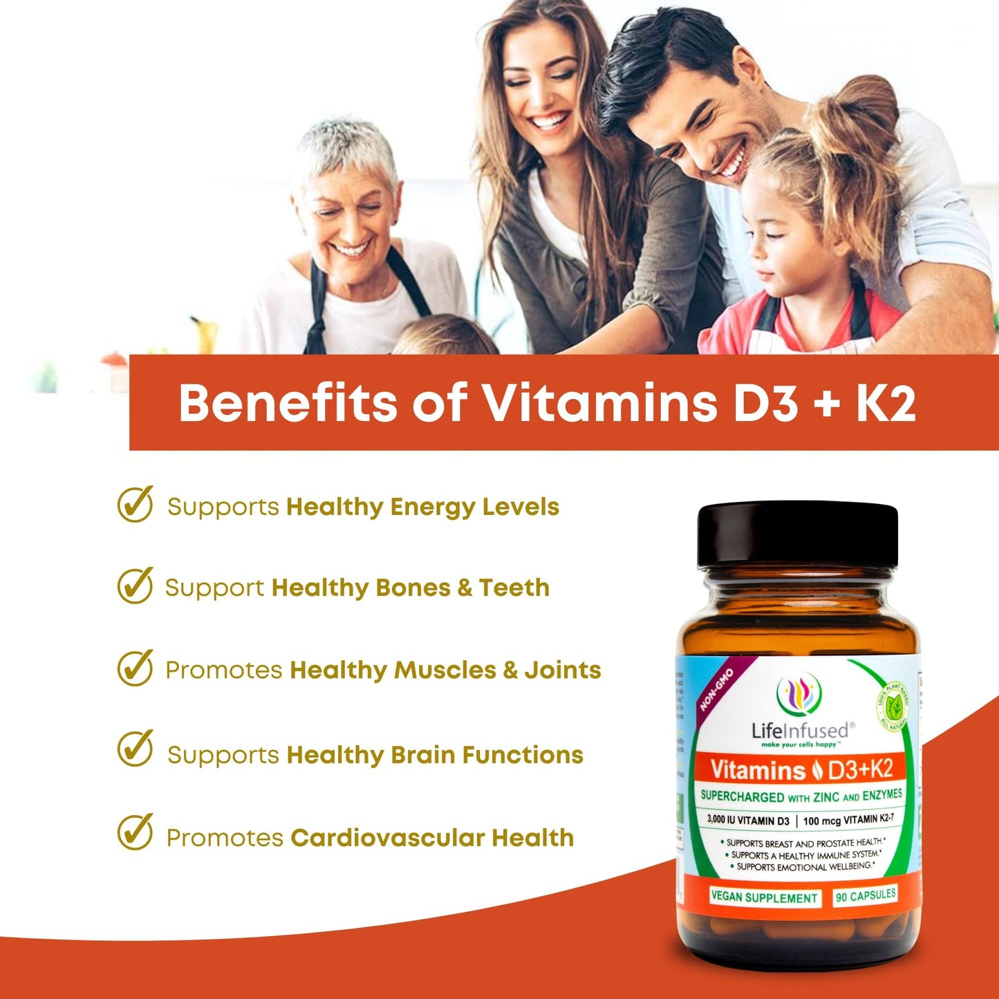 Life Infused Vitamin D3 + K2 Supplement with Zinc & Enzymes Capsules, 90 Count