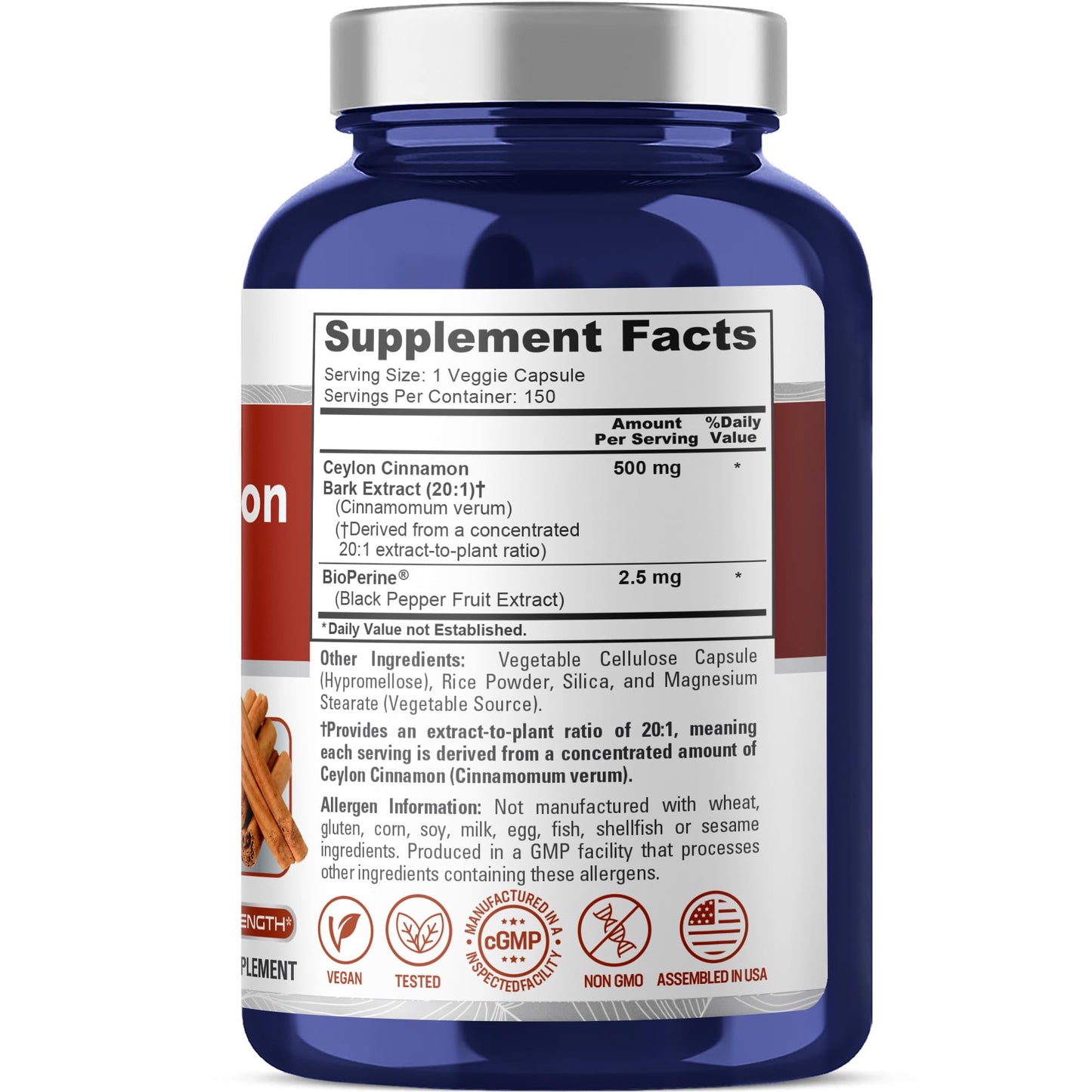 NusaPure Ceylon Cinnamon 500mg Capsules, 150 Count
