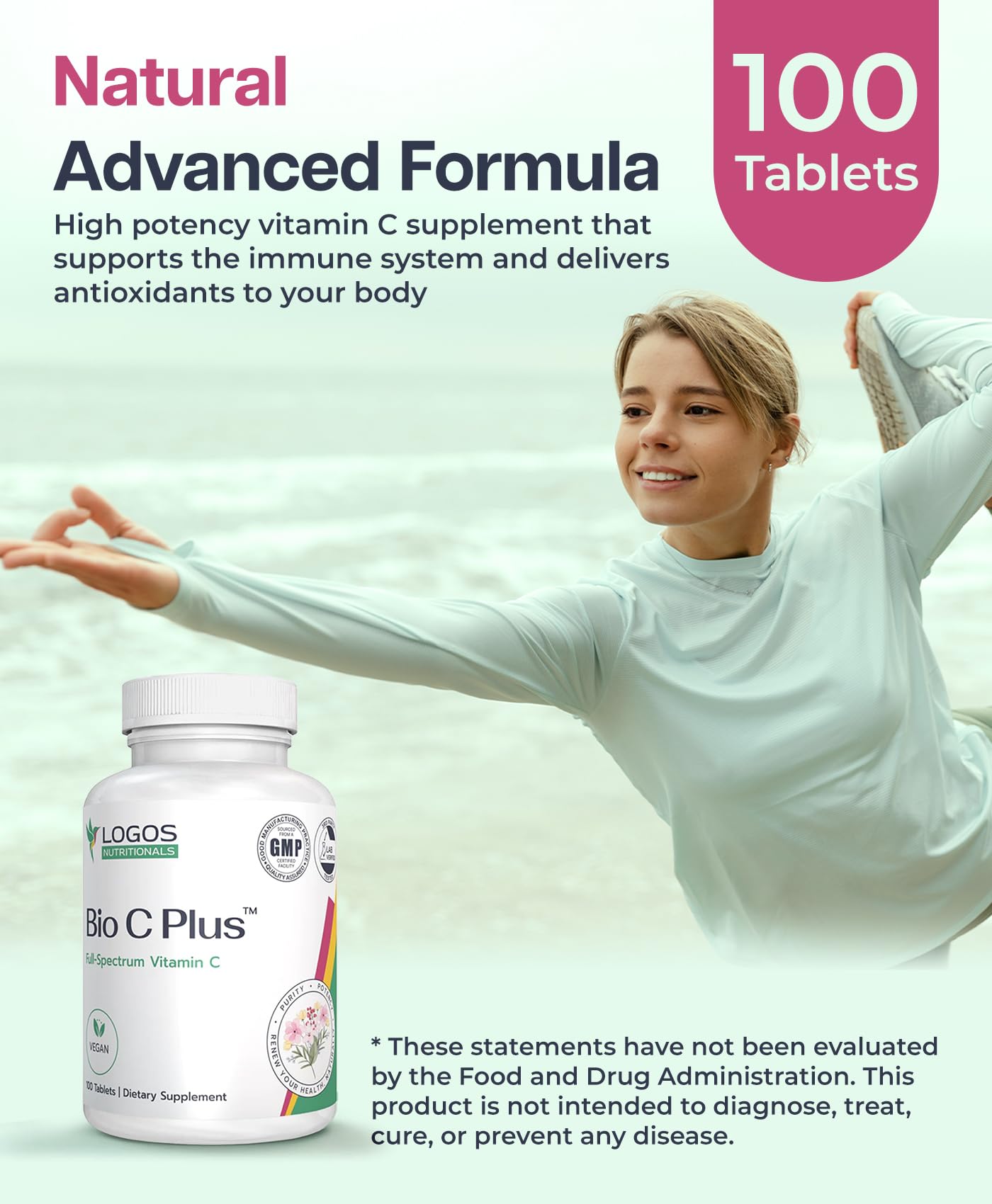logos nutritionals Bio C Plus Vitamin C 1000 mg - High Potency Vitamin C Supplements with Ascorbic Acid & Rose Hips, Supports Healthy Immune System & Antioxidant Protection, Vegan, 100 Tablets