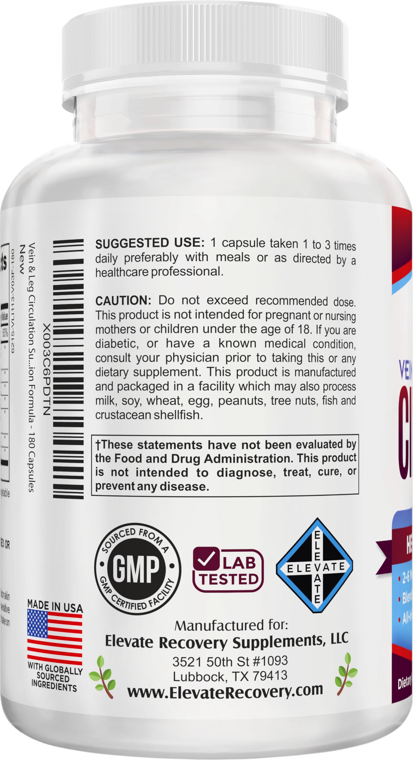 Elevate Recovery Supplements Vein & Leg Circulation Supplement Capsule 180 Capsules