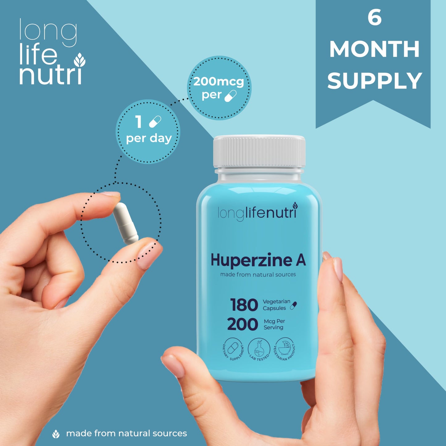 LongLifeNutri Huperzine A 200mcg from Huperzia Serrata Leaf, 180 Vegetarian Capsules