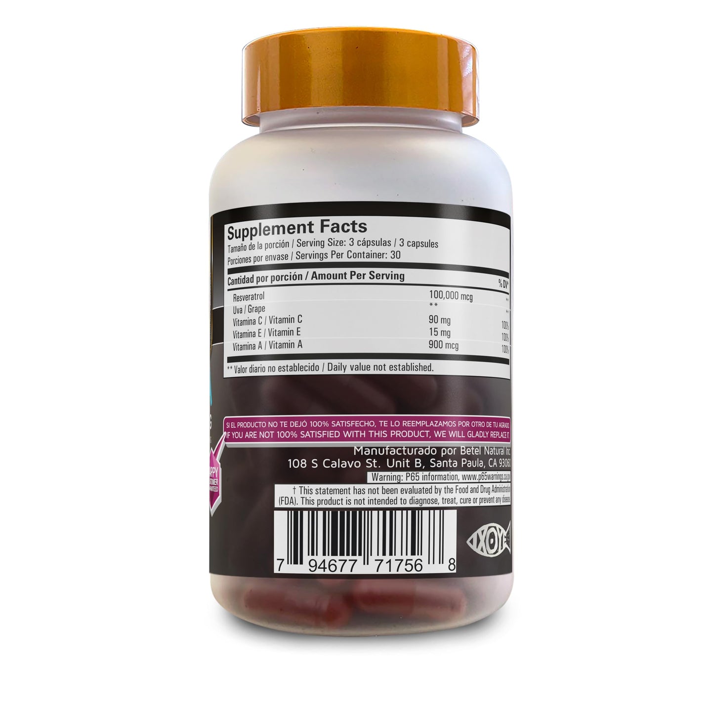 Betel Natural Resveratrol Reforzado 100,000 mcg Capsule, 1 Count