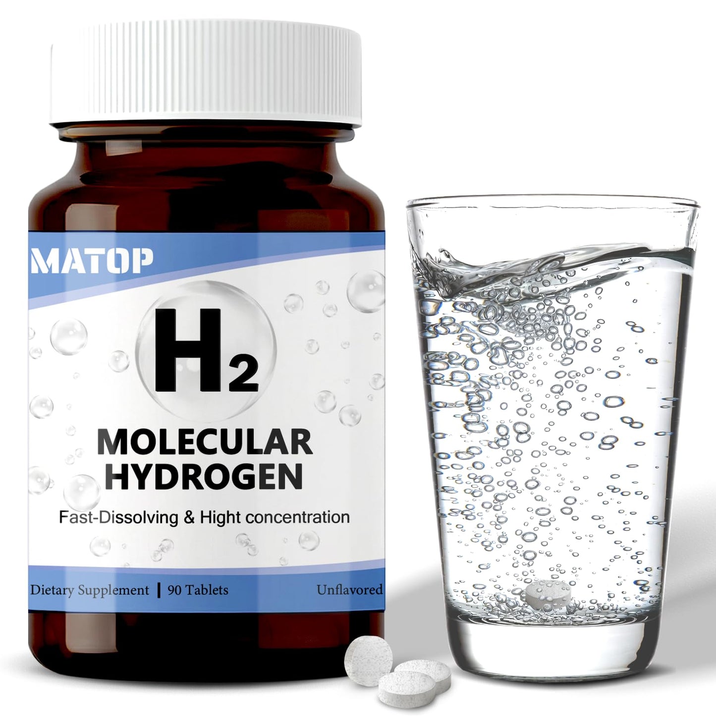 MATOP H2 Molecular Hydrogen Water Tablets – High-Concentration Hydrogen Tablets for Drinking Water, Magnesium-Based Hydrogen Supplement, 90 Tablets
