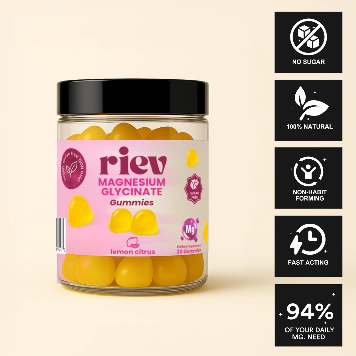 Riev Magnesium Glycinate Gummies 200mg – Sugar-Free – Vegan, Non-GMO, No Gelatin – Lemon Citrus Flavor – 30 Gummies
