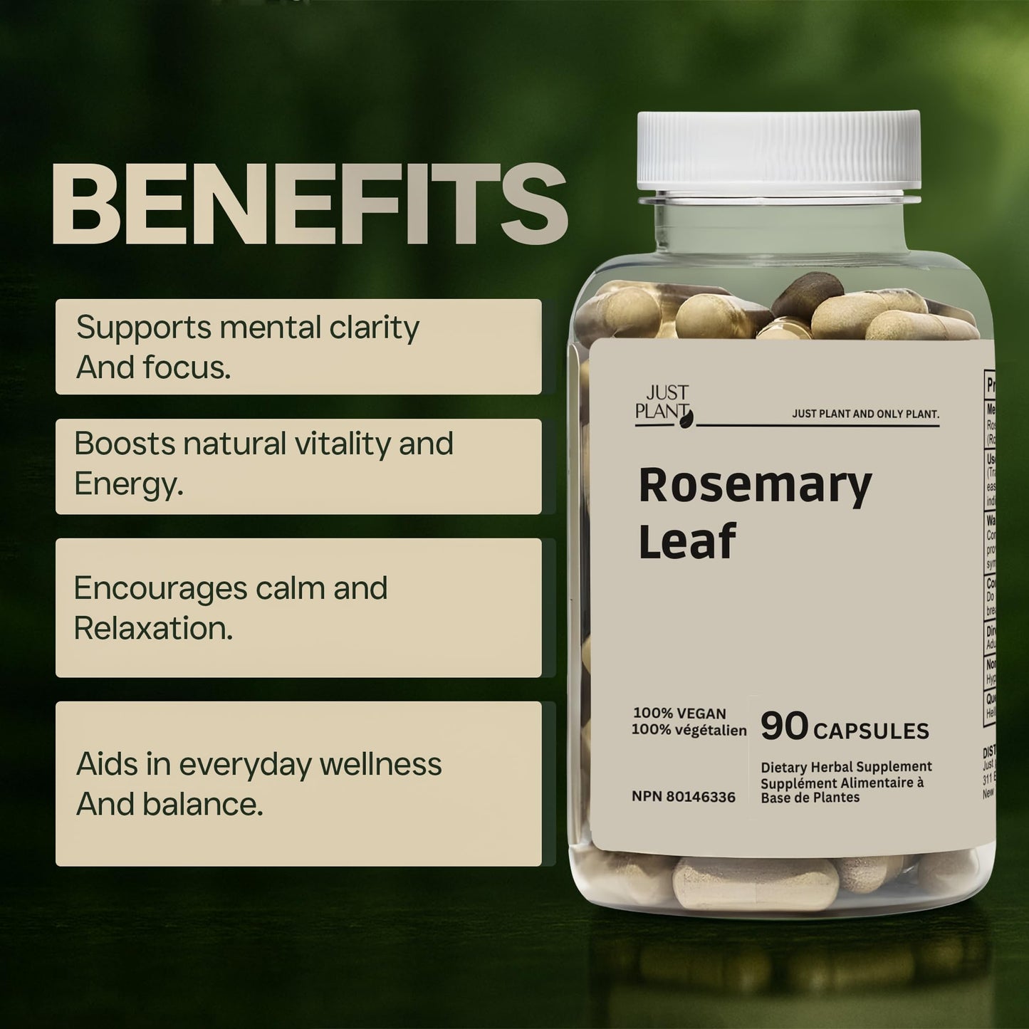 Just Plant Organic Rosemary Leaf Capsules 500mg, 90 Count