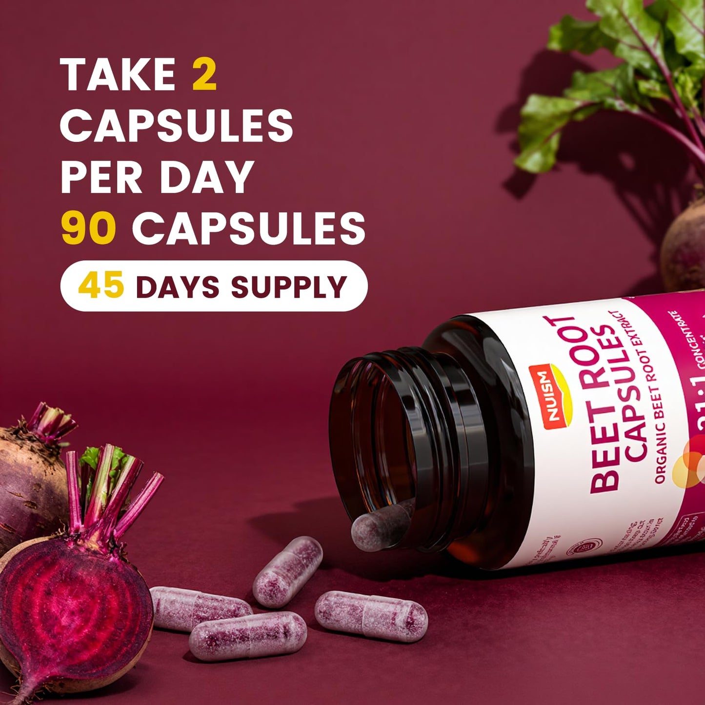 NUISM Organic Beet Root Capsules 21:1 Beetroot Extract with Black Pepper, 120 Capsules