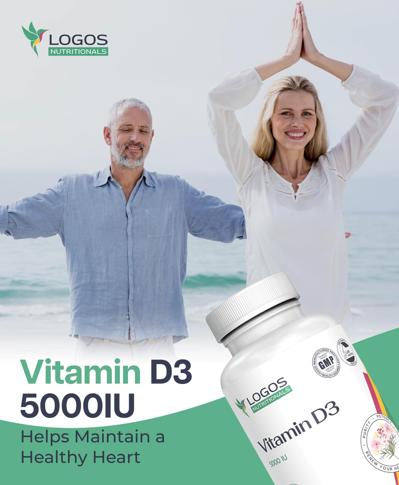 Logos Nutritionals Vitamin D3 Supplement Vitamin D-5000 IU Capsules, 90