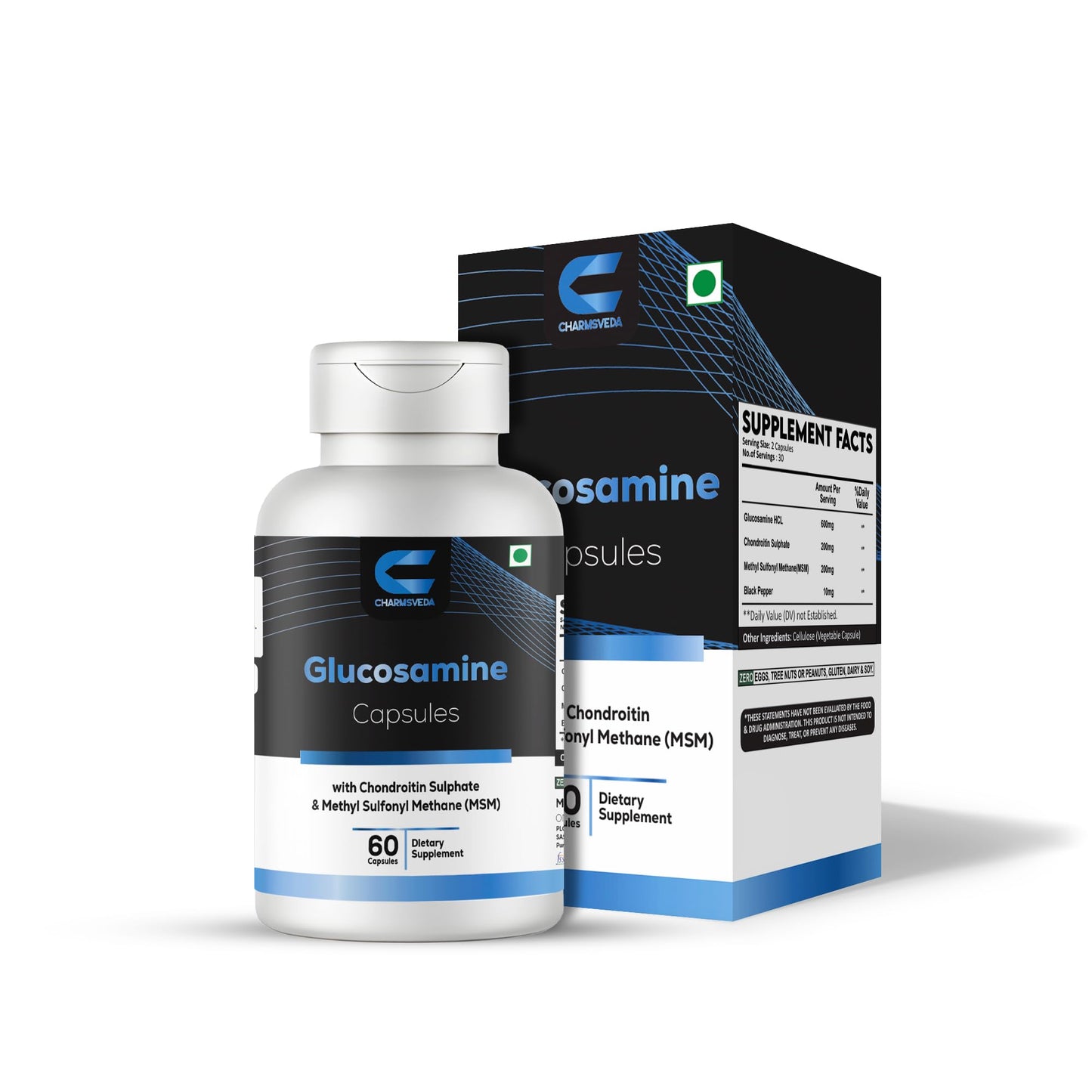 CHARMSVEDA Glucosamine with Chondroitin Sulfate, MSM & Black Pepper Extract Capsules, 60 Count