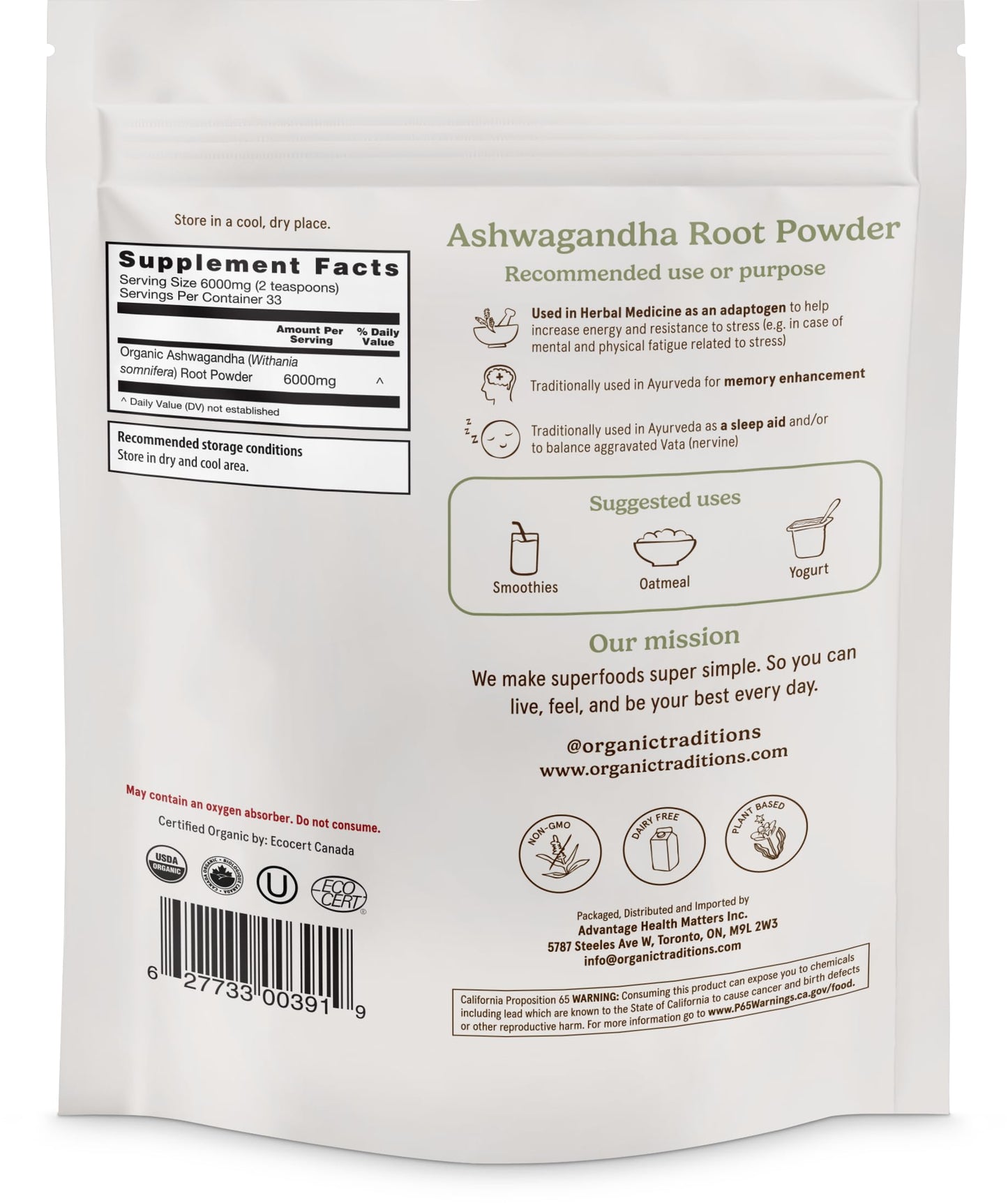 Organic Traditions Ashwagandha Root Powder, 1 Count