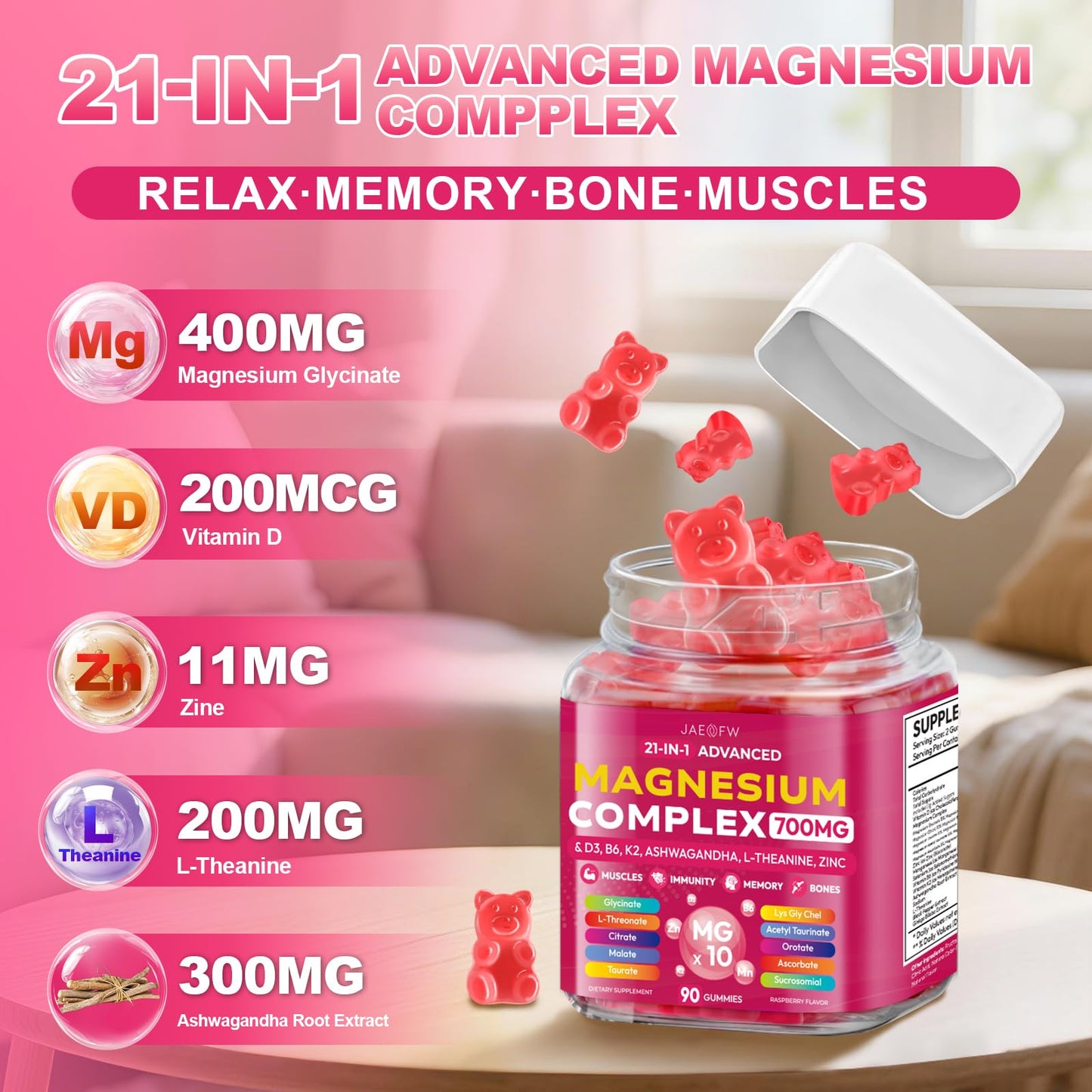 JAENFW Magnesium Glycinate Gummies 700MG 90 Count