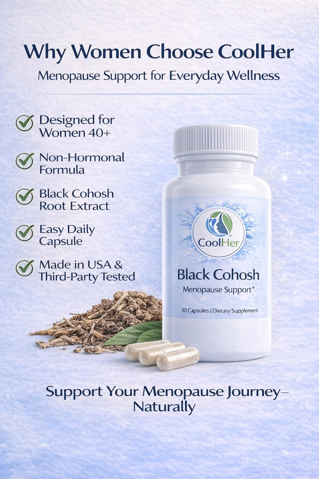 CoolHer Menopause Support for Women – Hot Flash & Night Sweat Relief – Black Cohosh Supplement – Non-GMO, Gluten-Free, 30 Capsules