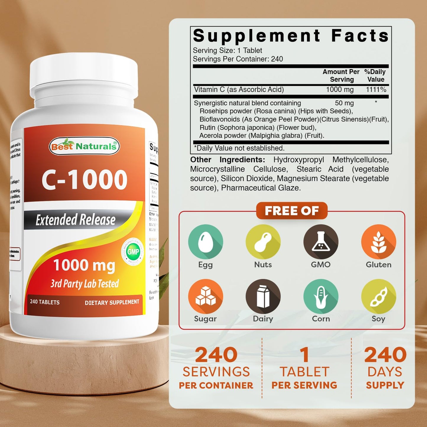 Best Naturals Vitamin C 1000 mg Tablets with Rose Hips, Berry, 480 Tablets