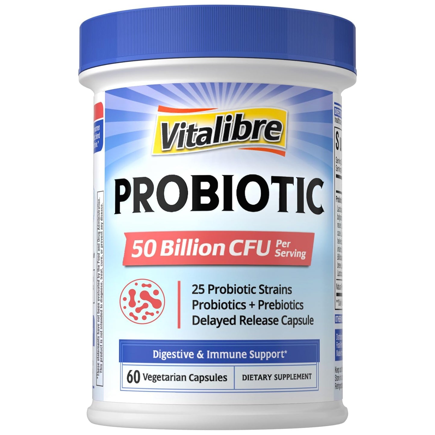 Vitalibre Probiotic for Women and Men, 50 Billion CFU, 25 Diverse Strains with Prebiotics, Delayed Release, No Refrigeration Needed, 60 Capsules