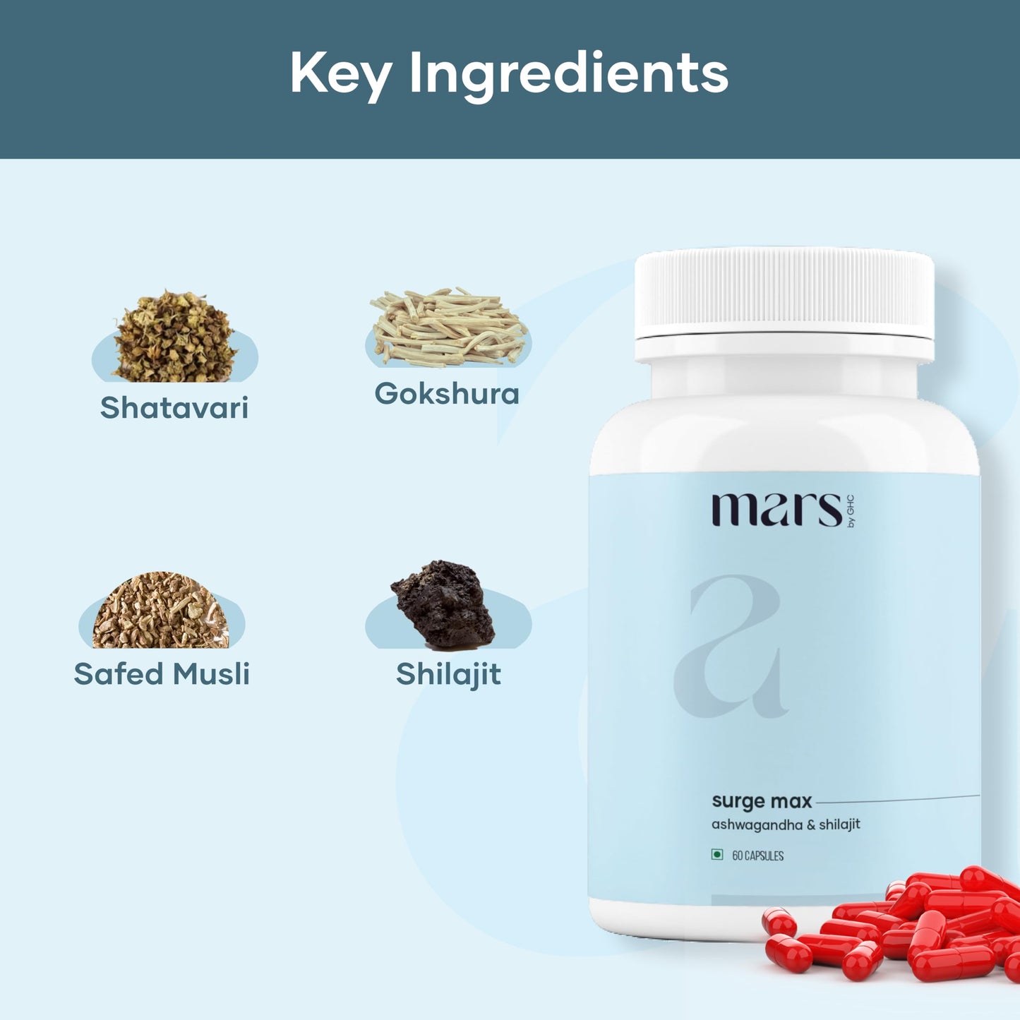 Mars by GHC Surgemax Natural Capsules with Shilajit & Safed Musli, 60 Capsules