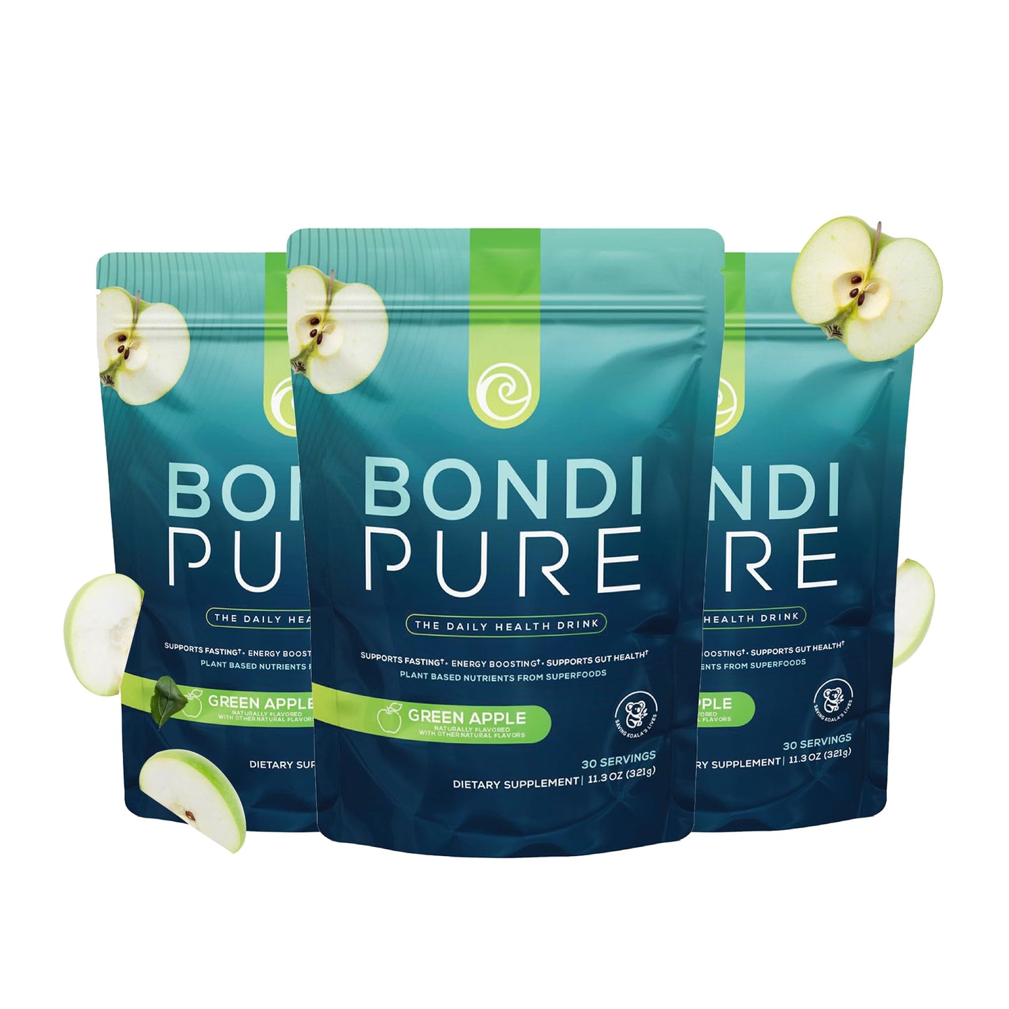 Bondi Pure Daily Health & Detox Drink Powder, Green Apple, 90 Servings (Pack of 3)