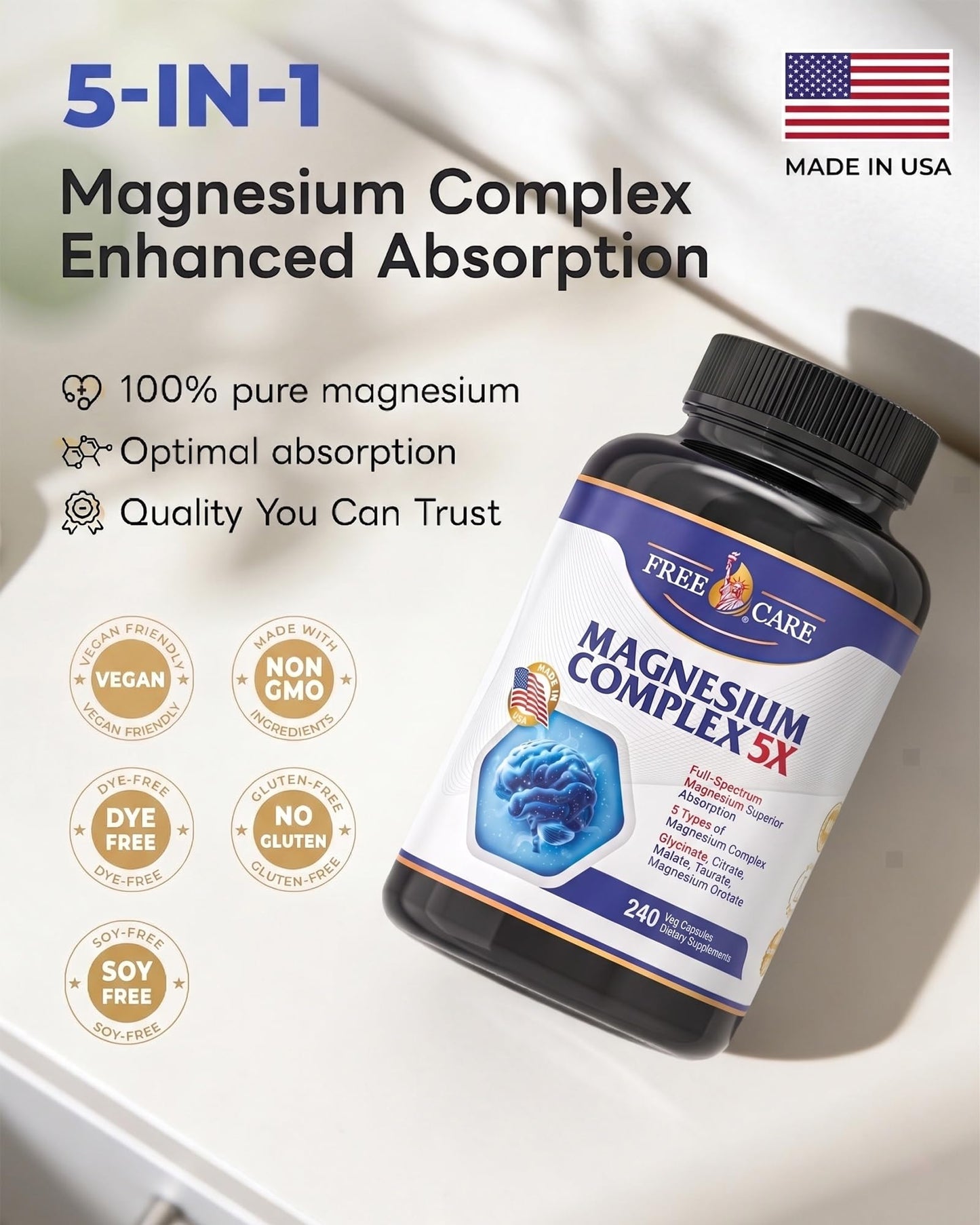 FreeCare Magnesium Complex Veggie Capsules, 820mg, 240 Capsules