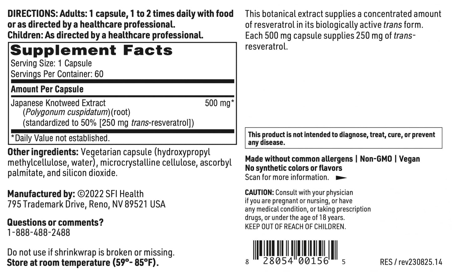 SFI Health Resveragen 250 mg Trans-Resveratrol from 500 mg Japanese Knotweed Capsules, 60 Count