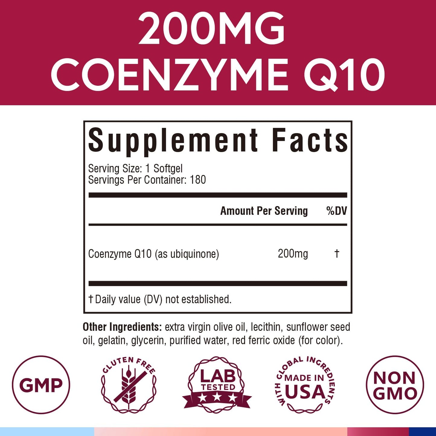 Terranics CoQ10 200mg Coenzyme Q10 with Extra Virgin Olive Oil Softgels, 180 Count