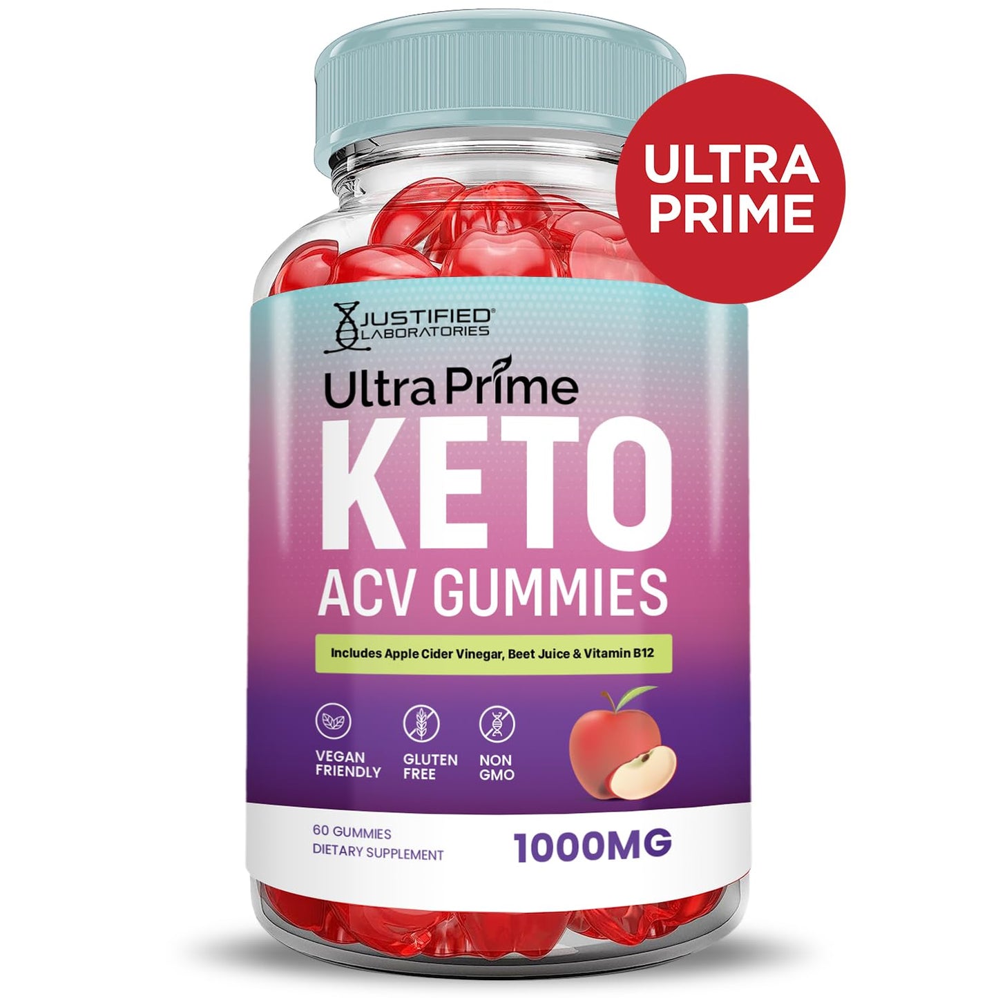 Justified Laboratories Ultra Prime Keto ACV Gummies Advanced Formula 1000MG Apple Cider Vinegar, Pomegranate Beet Juice Powder, B12, Vegan, Non-GMO, 180 Gummies