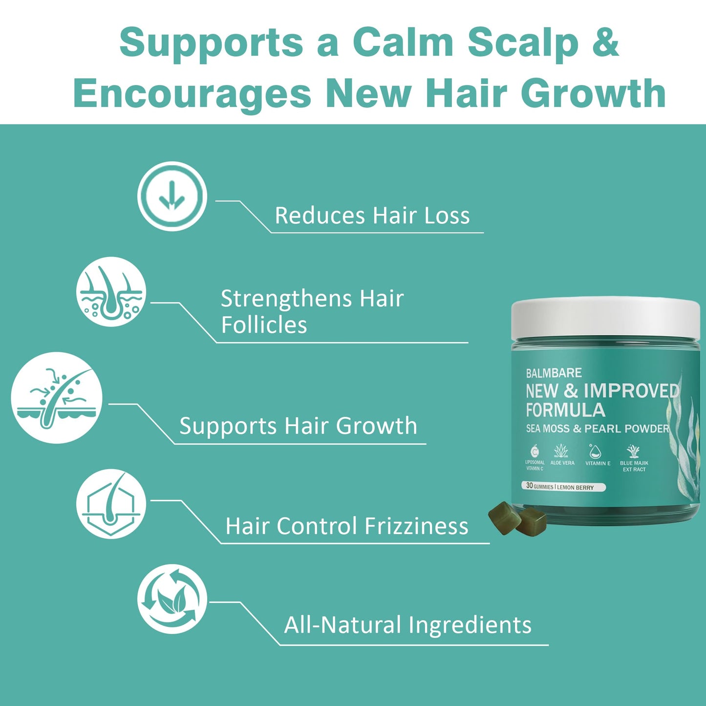 balmbare Revive Hair Gummies Sea Moss with Hair, Skin & Nails Vitamins, Pearl Powder, Vitamin E, Aloe Vera, Liposomal Vitamin C, 30 Count