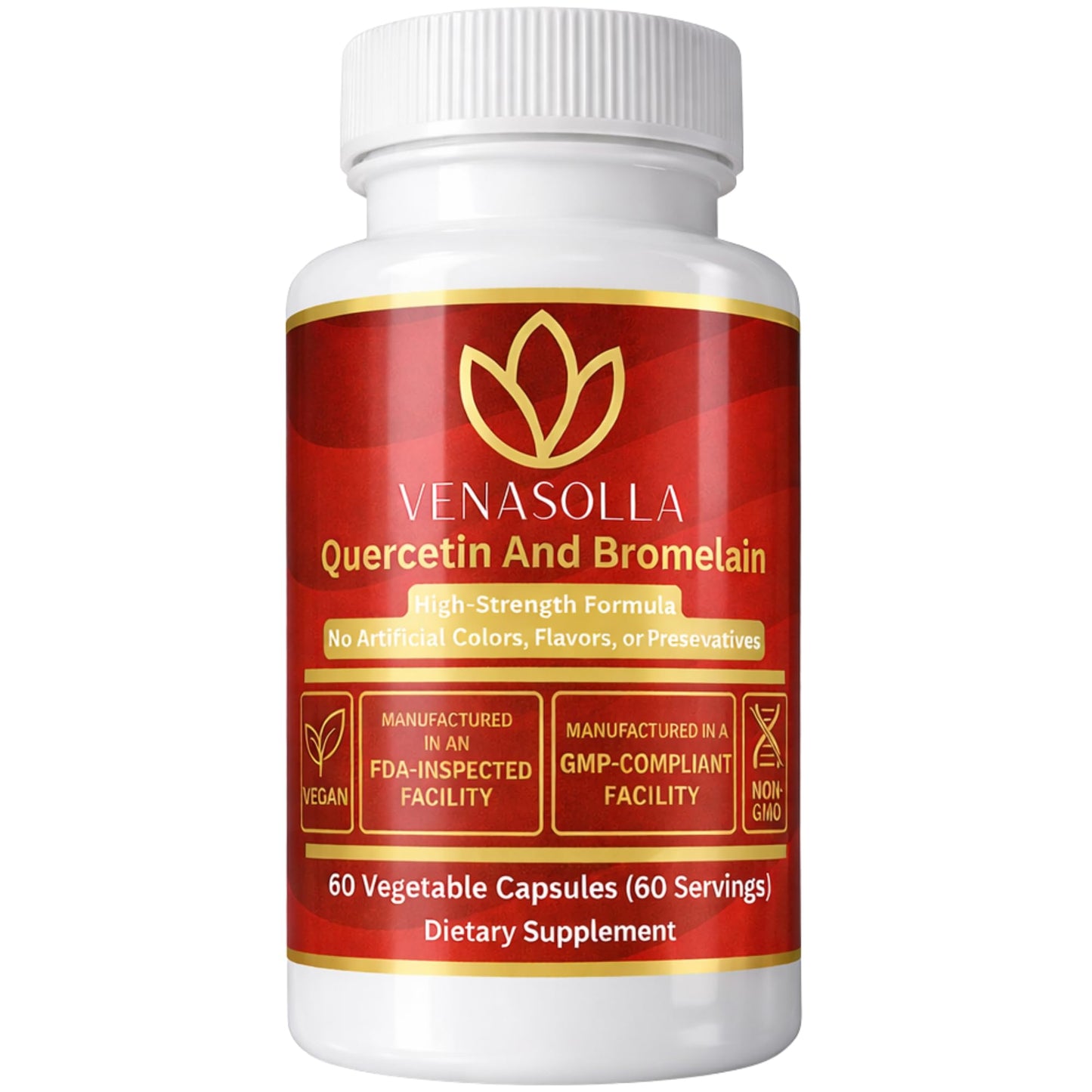 Venasolla Quercetin with Bromelain 500 mg Quercetin (from Quercetin Dihydrate) + 100 mg Bromelain per Capsule, 60 Vegetable Capsules