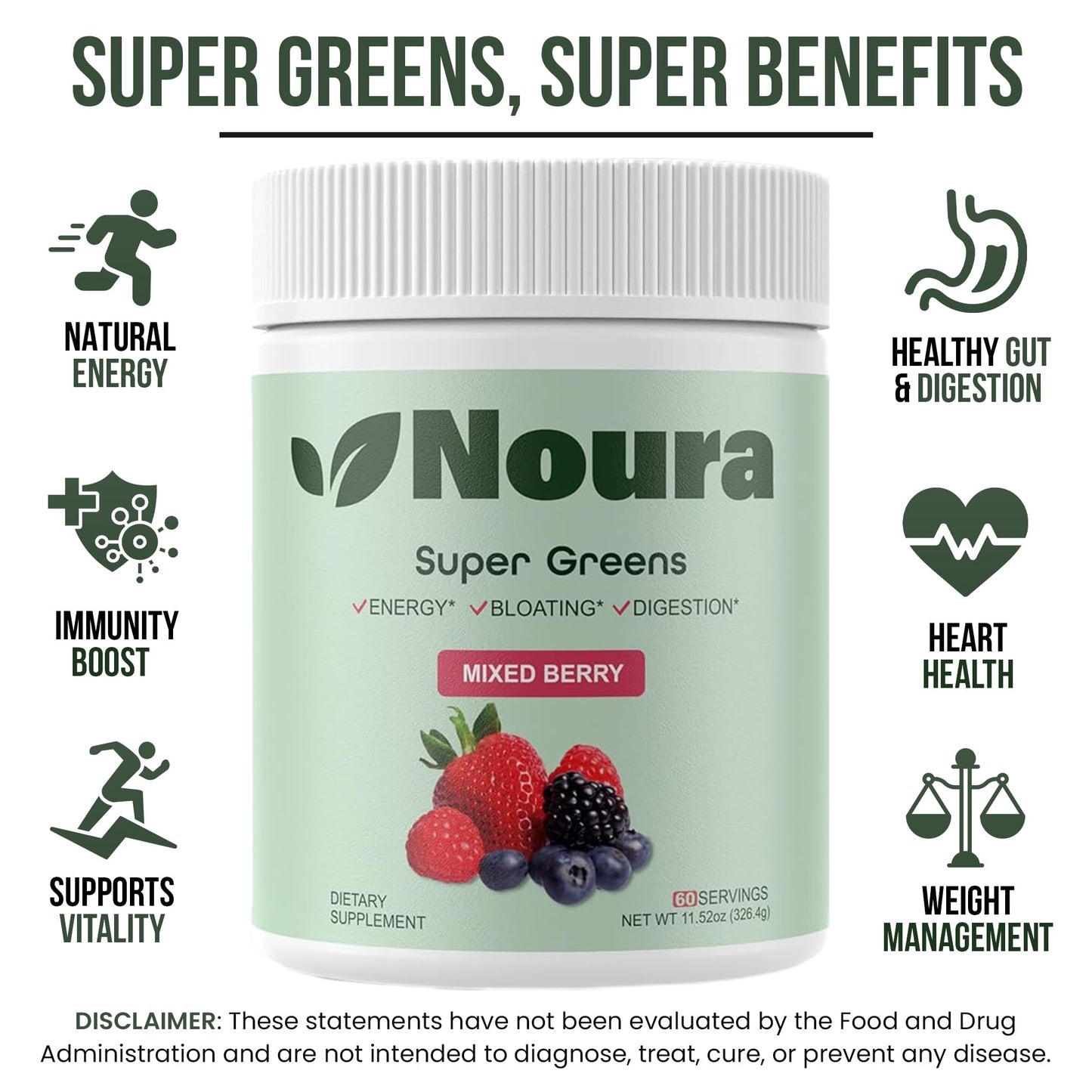 Noura Nutrition Super Greens Powder, 11.52 oz