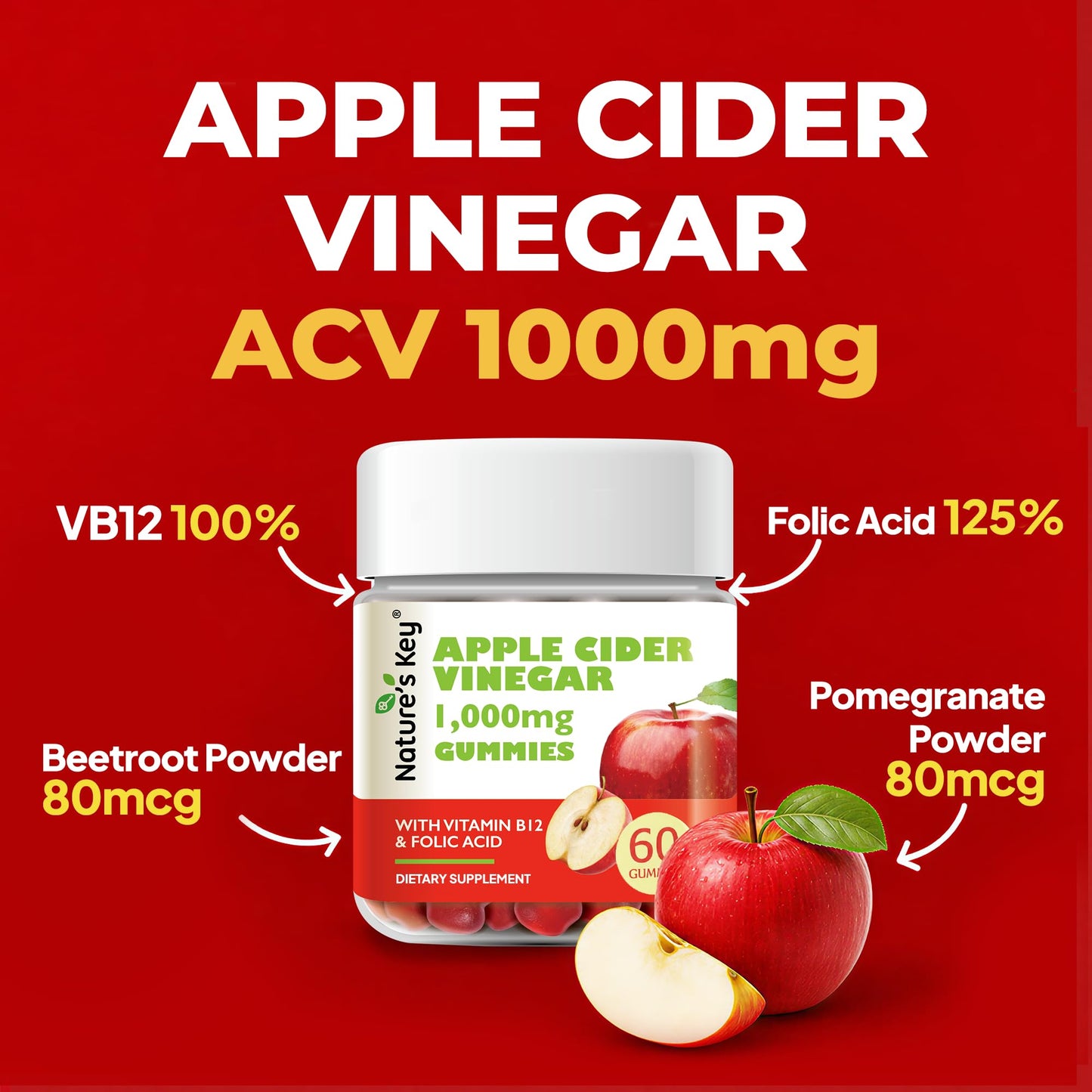 Nature's Key Apple Cider Vinegar Gummies 1000mg ACV, 60 Count