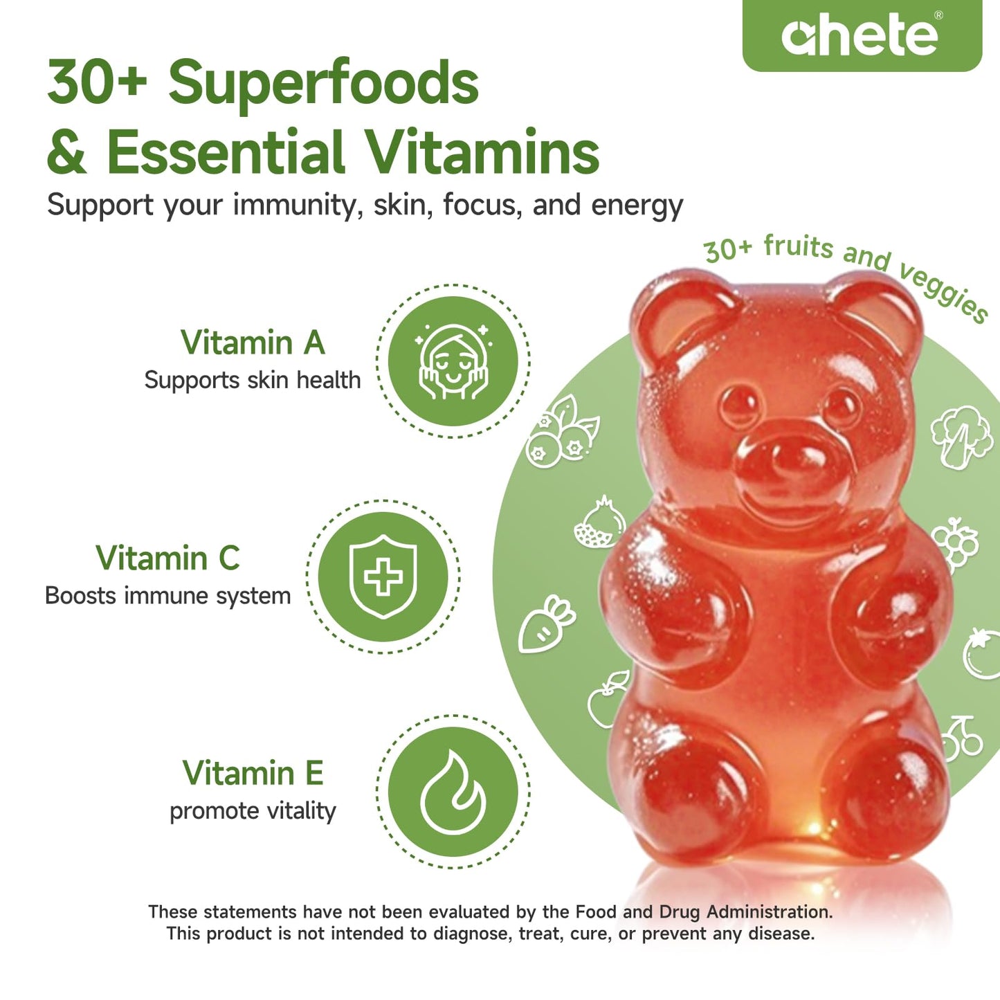 Ahete Fruit and Veggies Vitamin A C E Gummies, 180 Count (60 Count per Pack, Pack of 3)