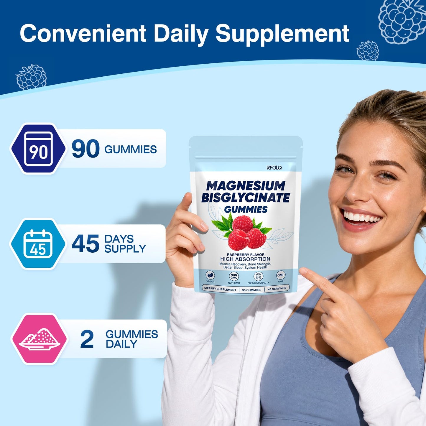 RFOLQ Magnesium Bisglycinate Gummies 400mg Absorption Magnesium Supplement, 90 Count