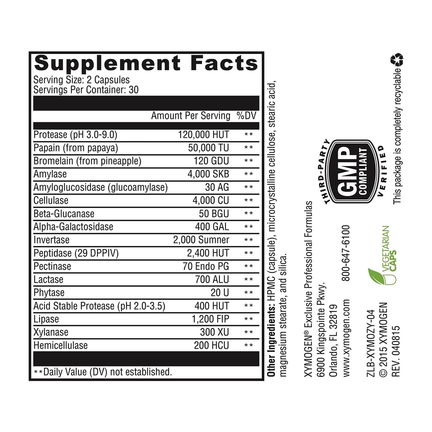 XYMOGEN XymoZyme Vegan Digestive Enzyme Supplement for Digestive Health Support Plant-Based Multi-Enzyme Formula Gluten-Free & Dairy-Free Capsules 60