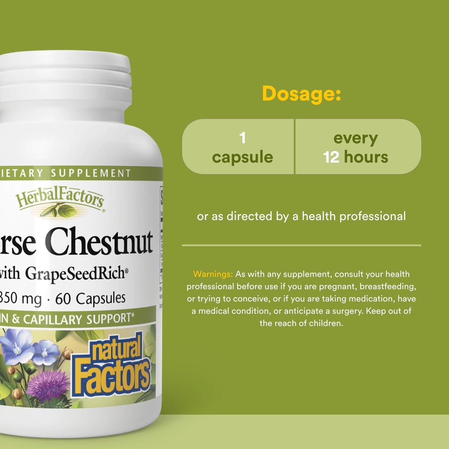 Natural Factors HerbalFactors Horse Chestnut with GrapeSeedRich Antioxidant Support for a Healthy Circulatory System and Veins, 60 Capsules