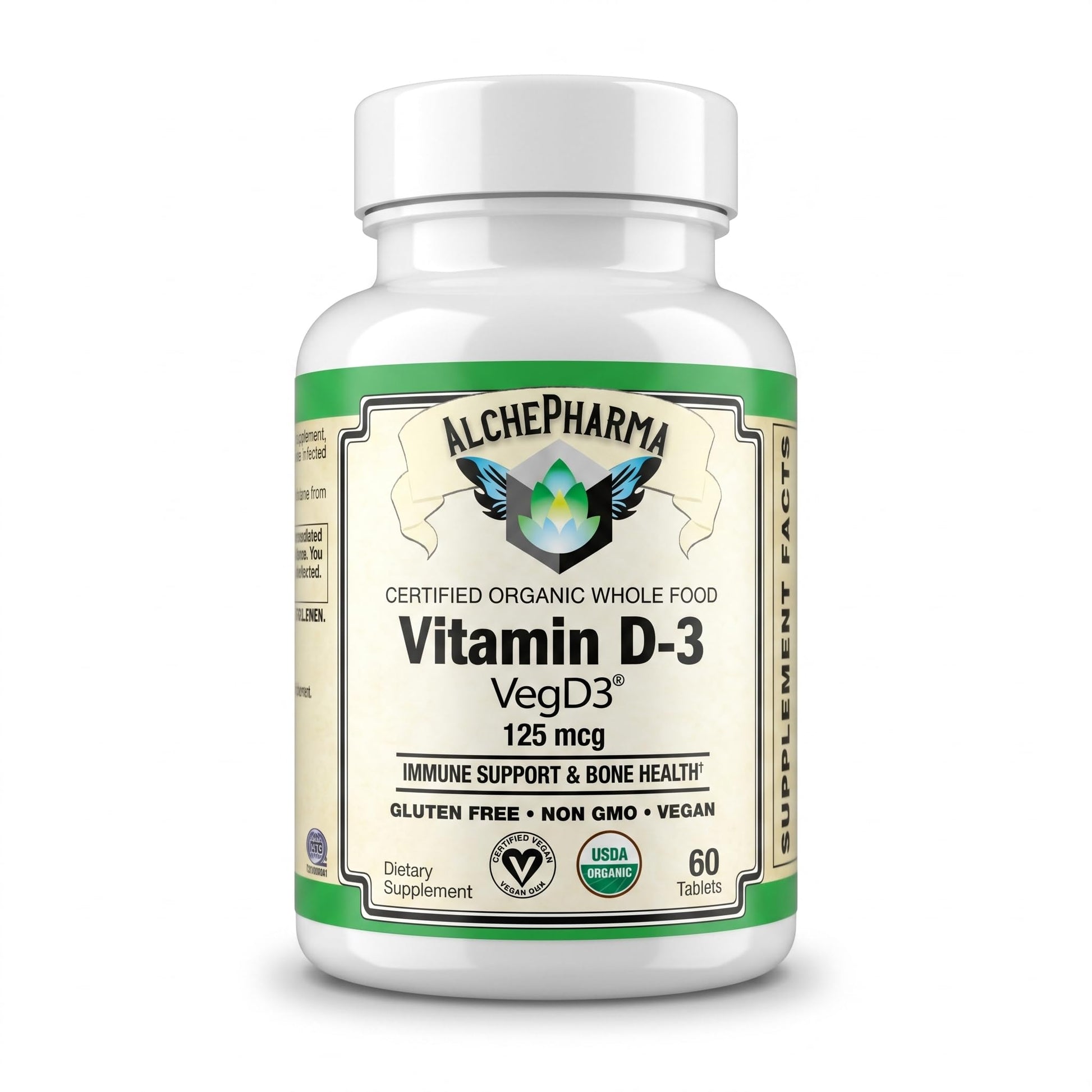 AlchePharma Vitamin D3 5,000 IU (125 mcg) Certified Organic Cholecalciferol from Algae, 60 Tablets