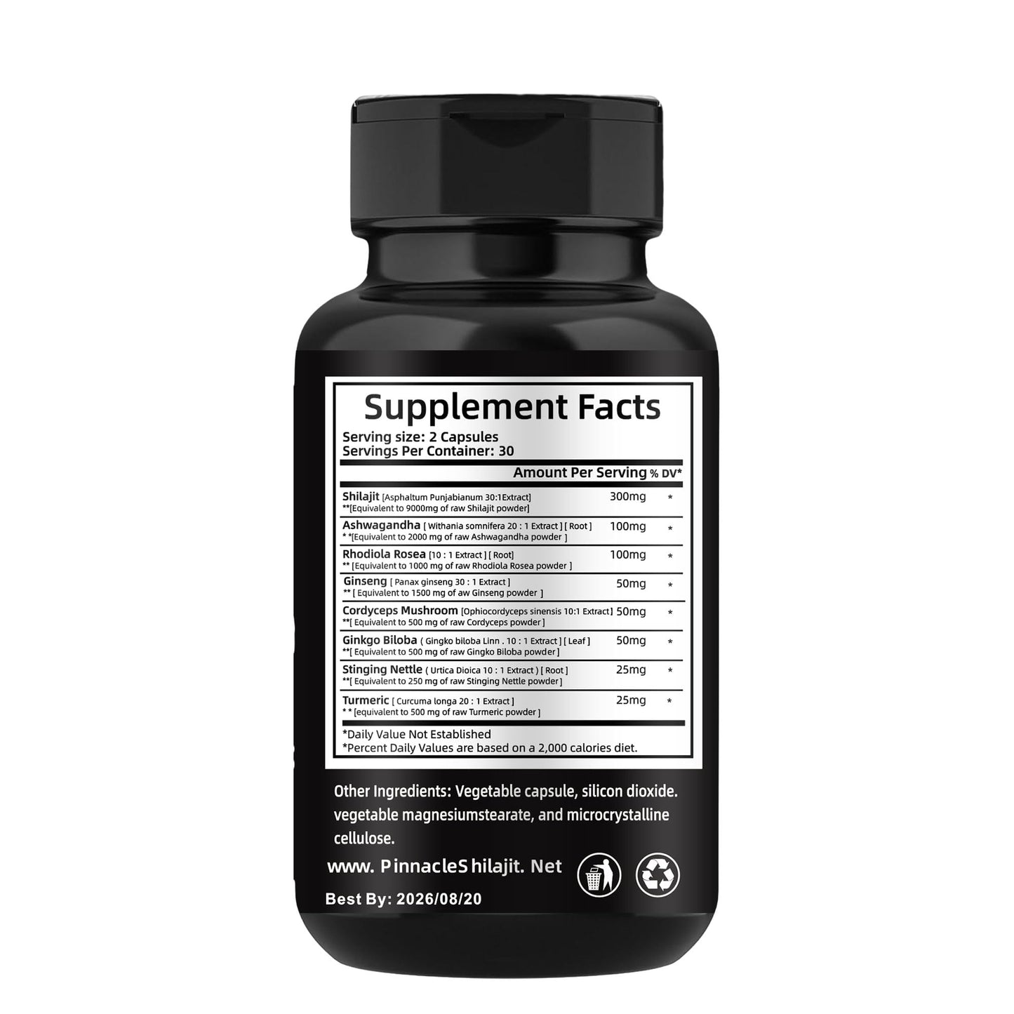 PINNACLE SHILAJIT 8-in-1 Capsules with Shilajit, Rhodiola Rosea, Ashwagandha, Ginseng, Ginkgo Biloba, Turmeric, Cordyceps Mushroom & Stinging Nettle Supports Energy, Mental Clarity & Immunity, 60 Capsules