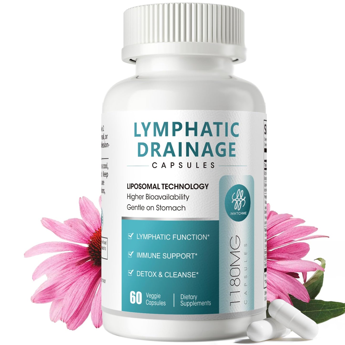 iMATCHME Lymphatic Drainage Supplements for Lymph System Support, Detox & Cleanse, Liver Health, Fluid Balance, Immune Support, Natural Herbal Blends with Echinacea, Liposomal Glutathione Capsules, 60 Capsules