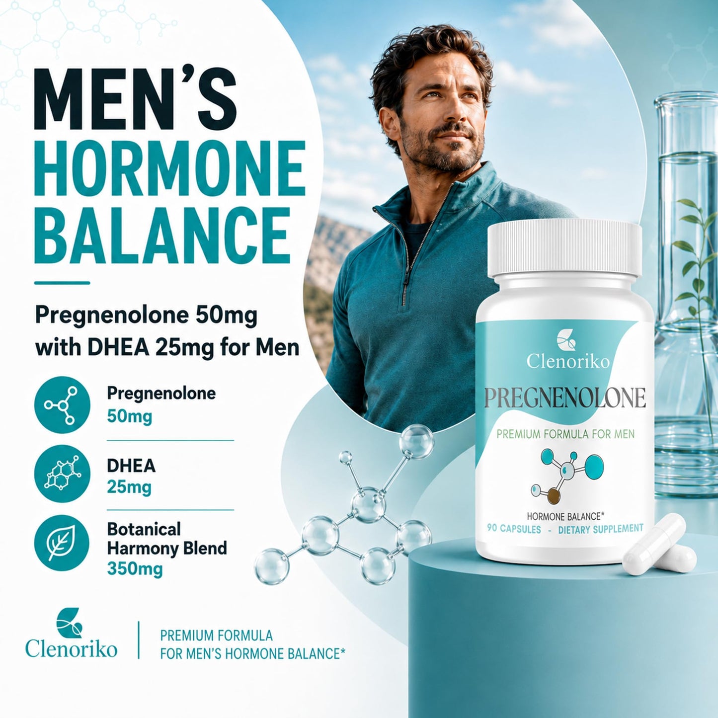 Clenoriko Pregnenolone 50mg with DHEA 25mg for Men, Tongkat Ali & Ashwagandha Root Blend, Men's Wellness Formula, Pregnenolone Supplement, 90 Capsules