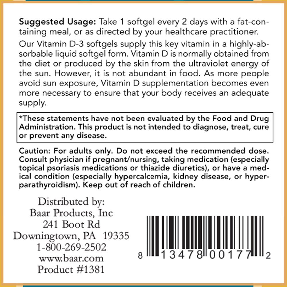 Baar Vitamin D-3 Softgels, 5000 IU, 120 Softgels