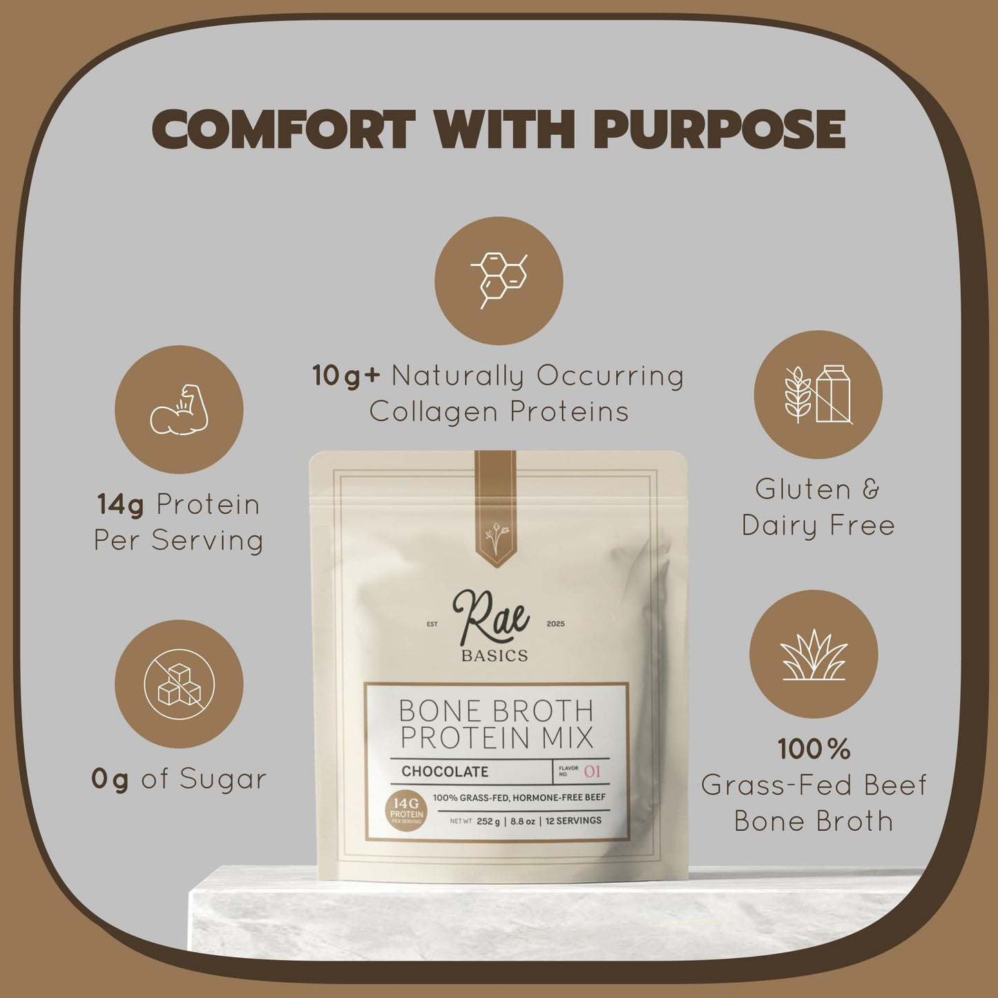 Rae Basics Bone Broth Hot Chocolate Protein Powder Starter, 12 Servings