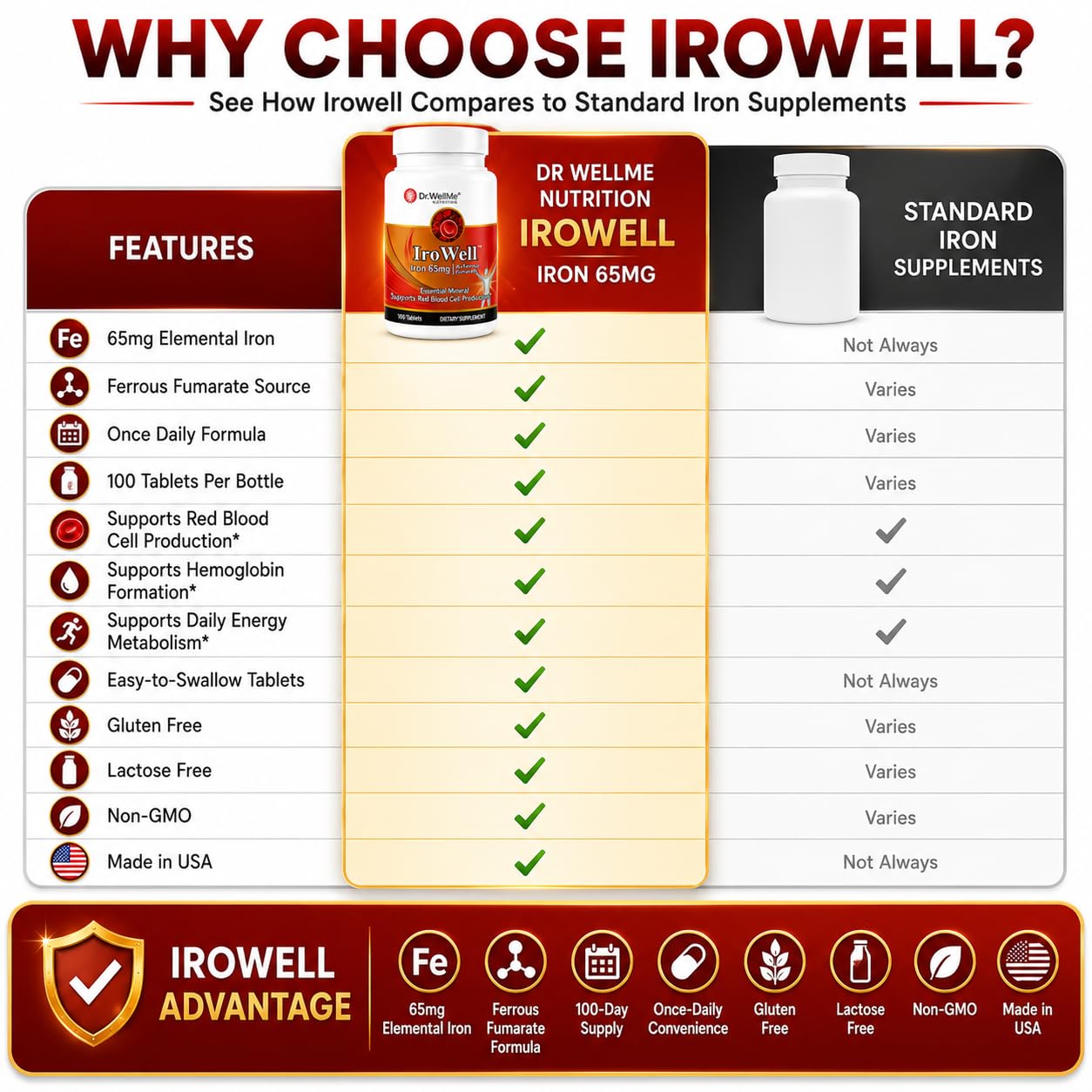 DR WELLME NUTRITION Irowell Iron Tablets 65mg, 100 Tablets