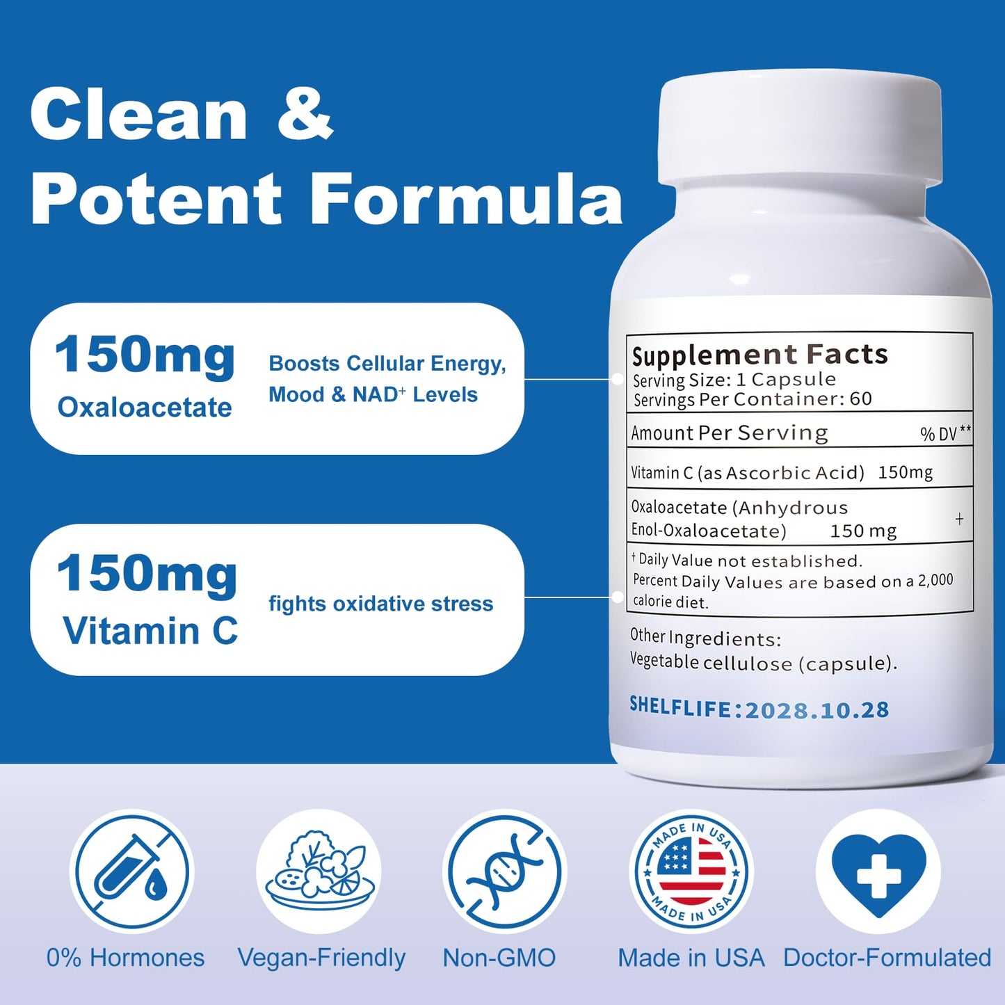 ZOXY Oxaloacetate Supplement – Cellular Energy, Brain & Metabolic Support – with Vitamin C – for Fatigue, Brain Fog, 60 Capsules