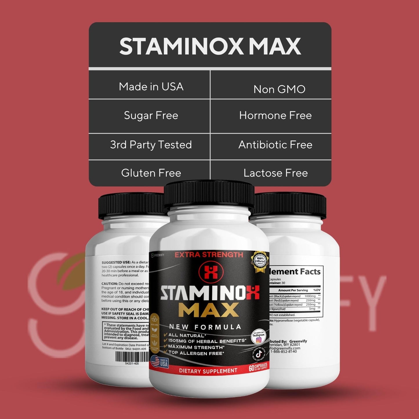 GREENVIFY StaminoX Max Dietary Supplement, Herbal Blend, Organic Maca Root, 60 Capsules