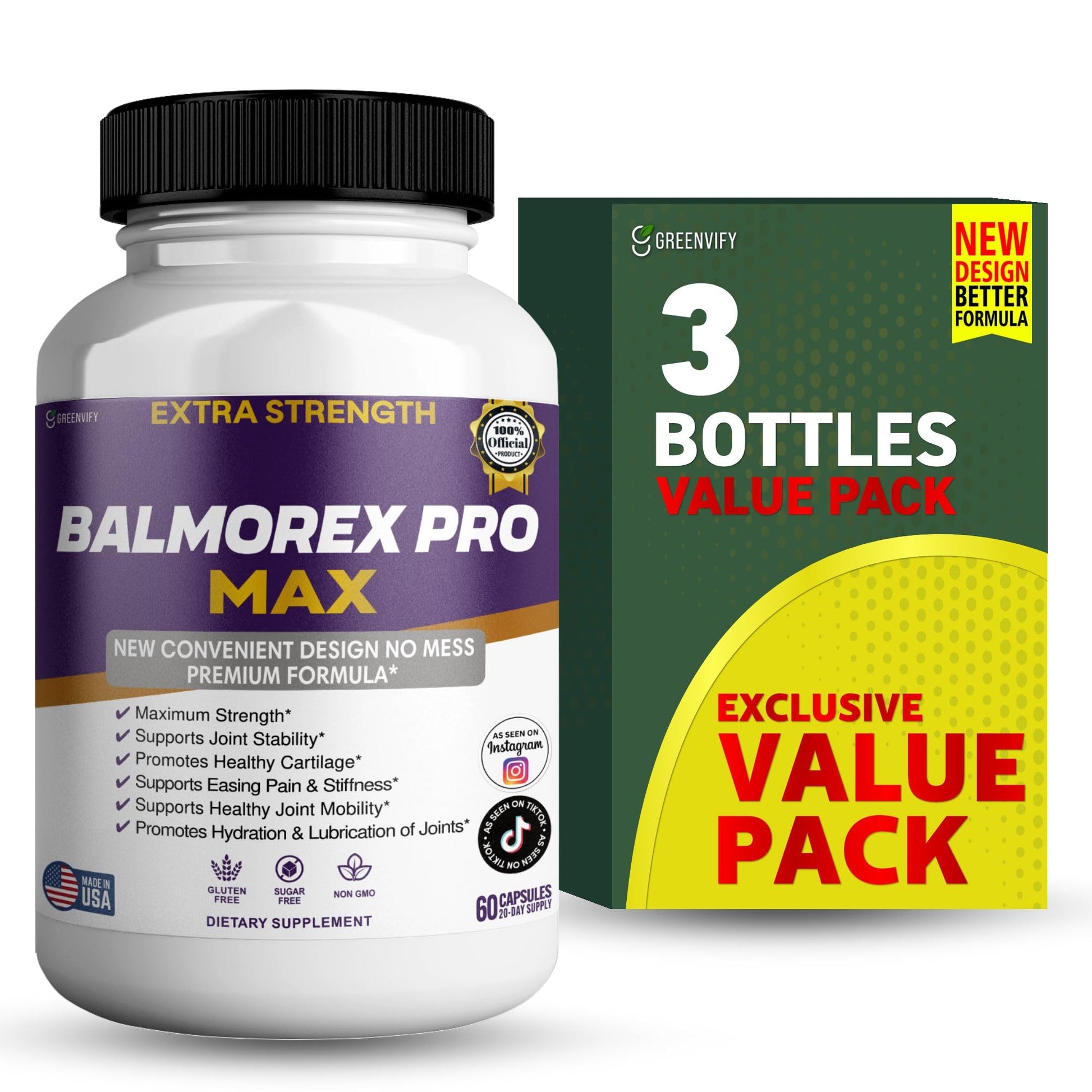 GREENVIFY Balmorex Pro Max Extra Strength Joint Support Supplement Capsules, 180 Count