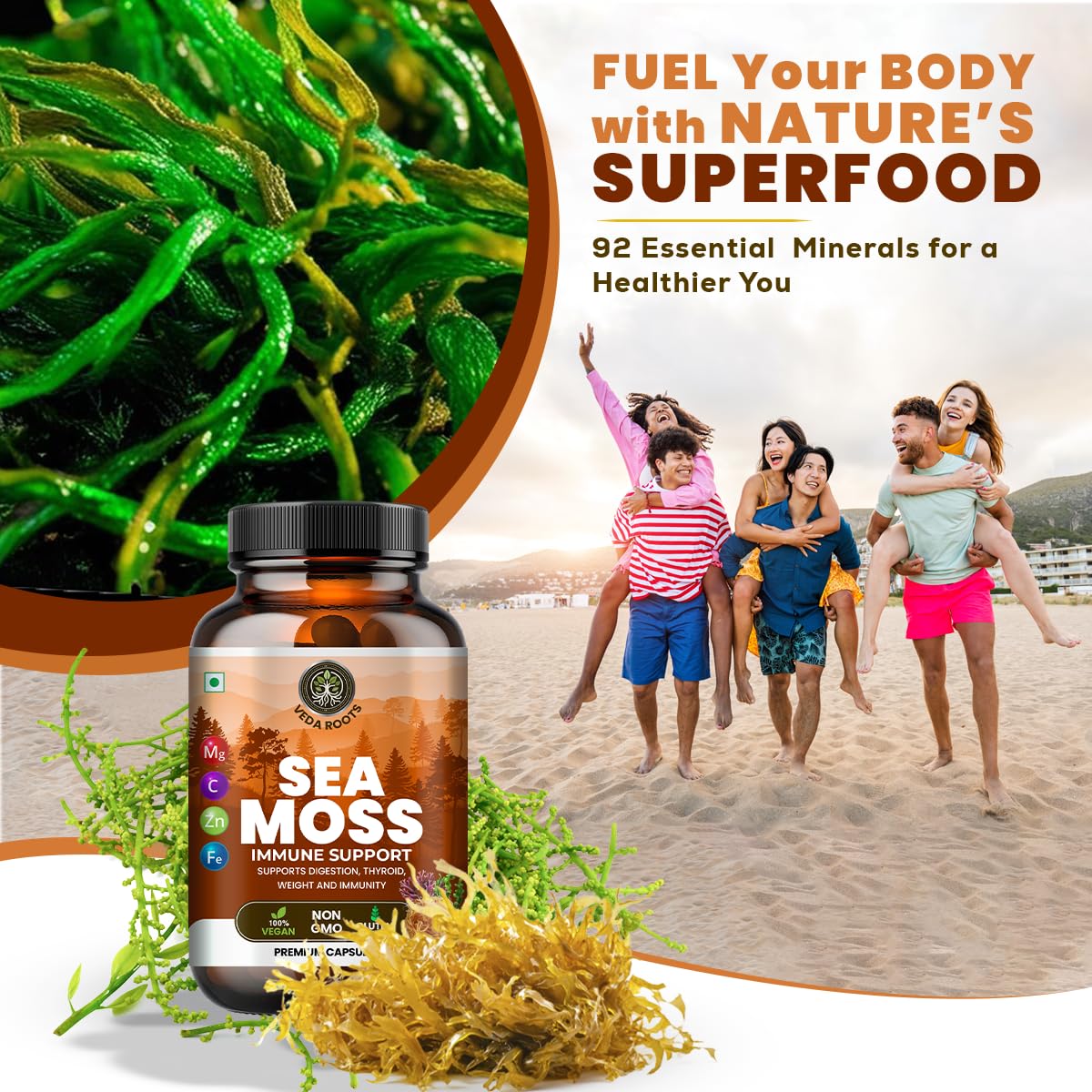VEDA ROOTS Sea Moss Capsules with Burdock Root, Bladderwrack & Muira Puama, 60 Capsules