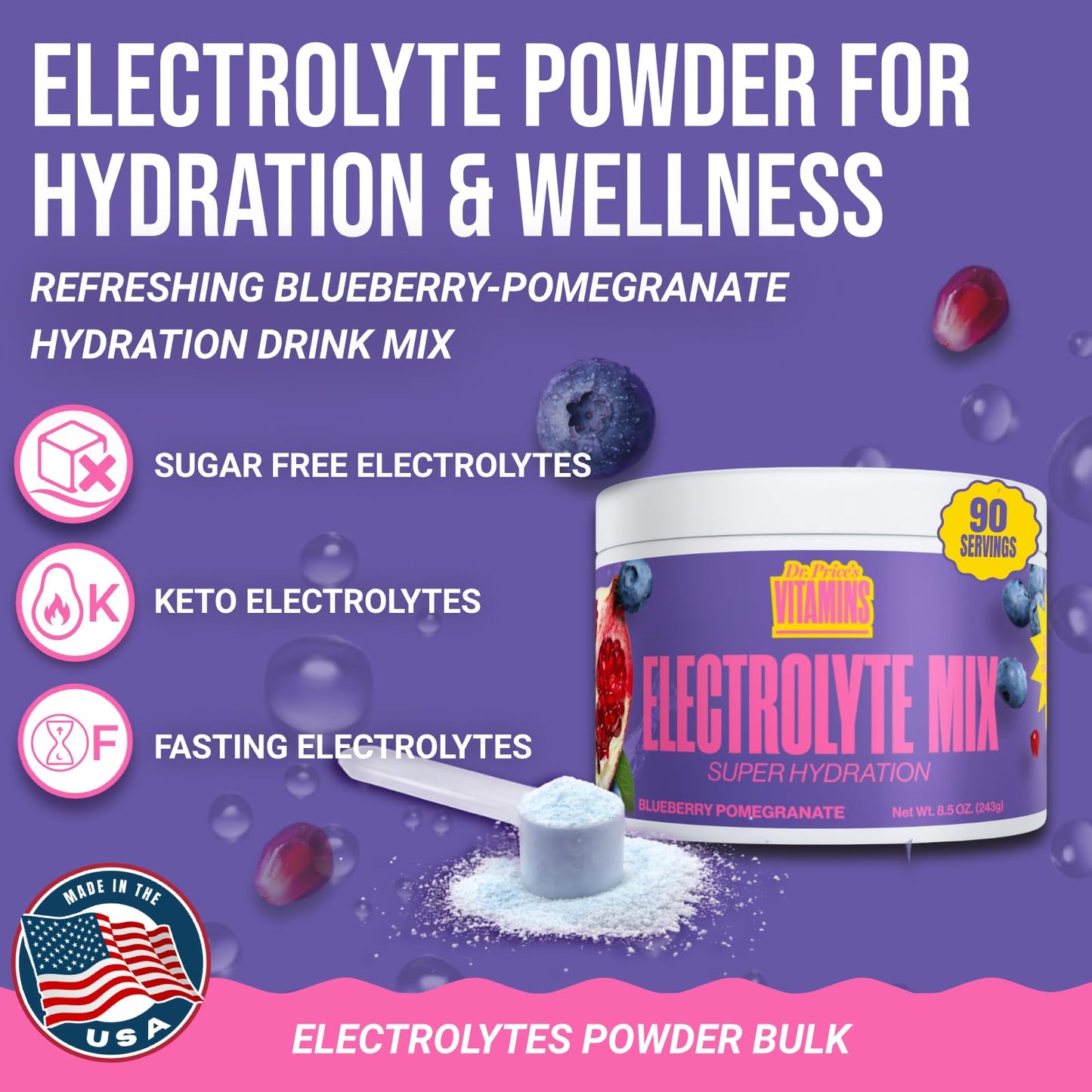 Dr. Price's Vitamins Electrolytes Powder, Blueberry Pomegranate, 90 Servings